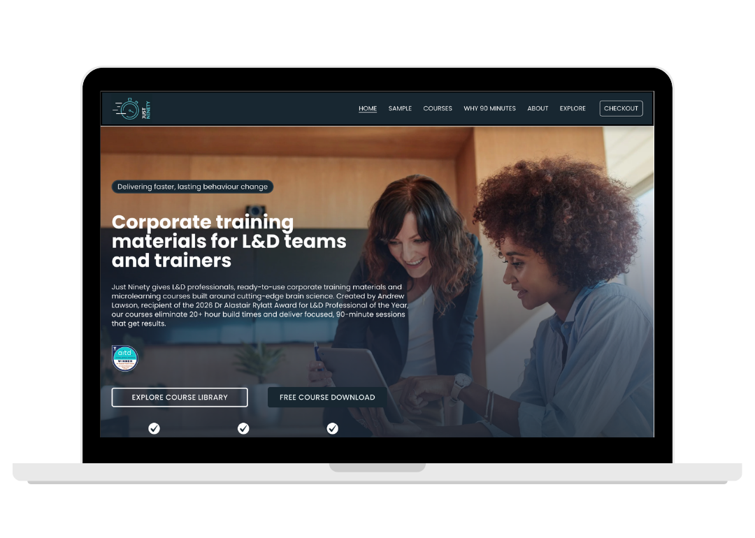 Just Ninety corporate learning homepage displayed on a laptop
