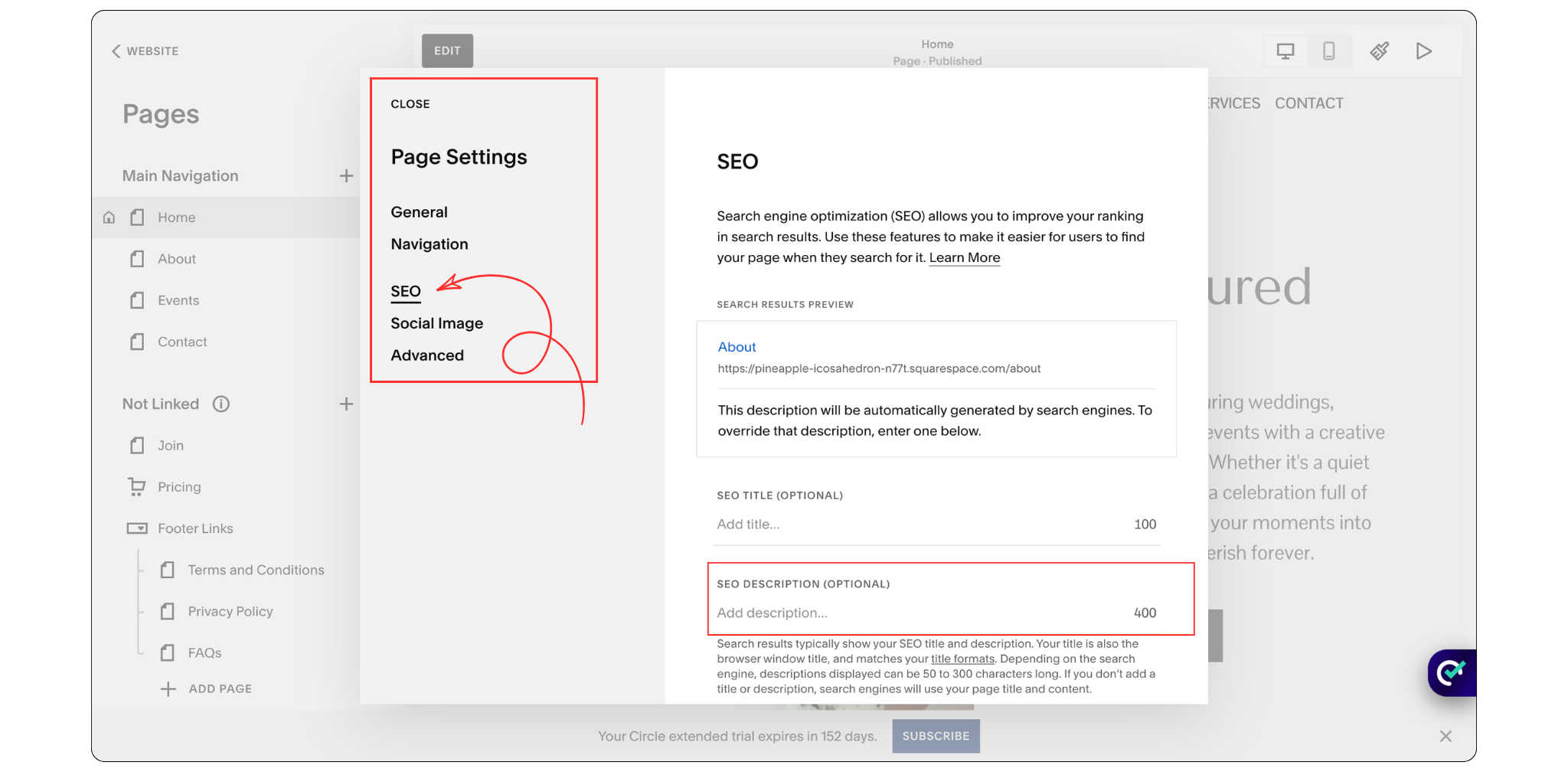 Writing compelling meta descriptions for website pages in squarespace