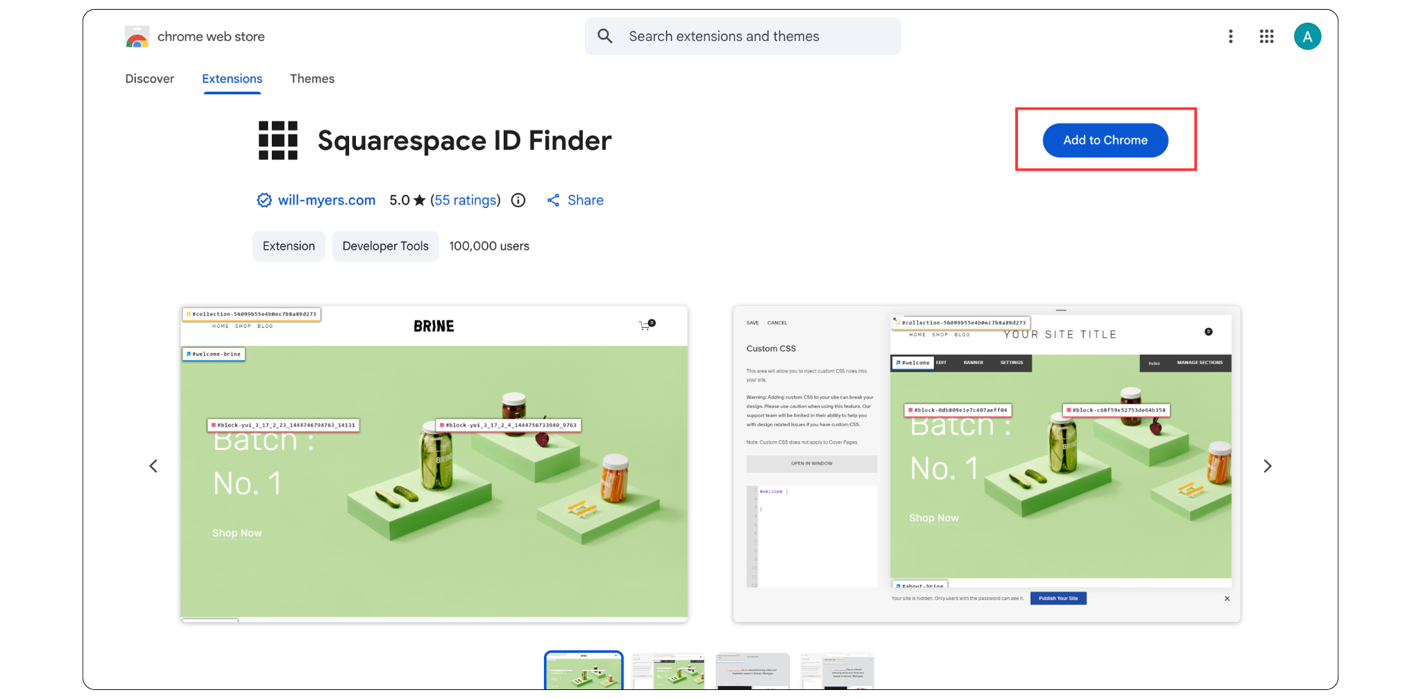 Squarespace ID Finder extension on the Chrome Web Store ready to install