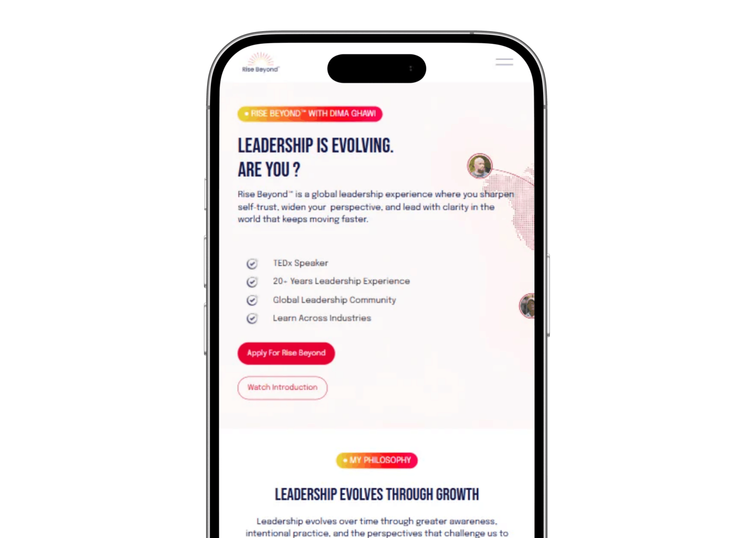 Rise Beyond mobile website mockup designed in Squarespace for executive coaching, leadership community enrollment, and responsive leadership platform UX by Web Goyat