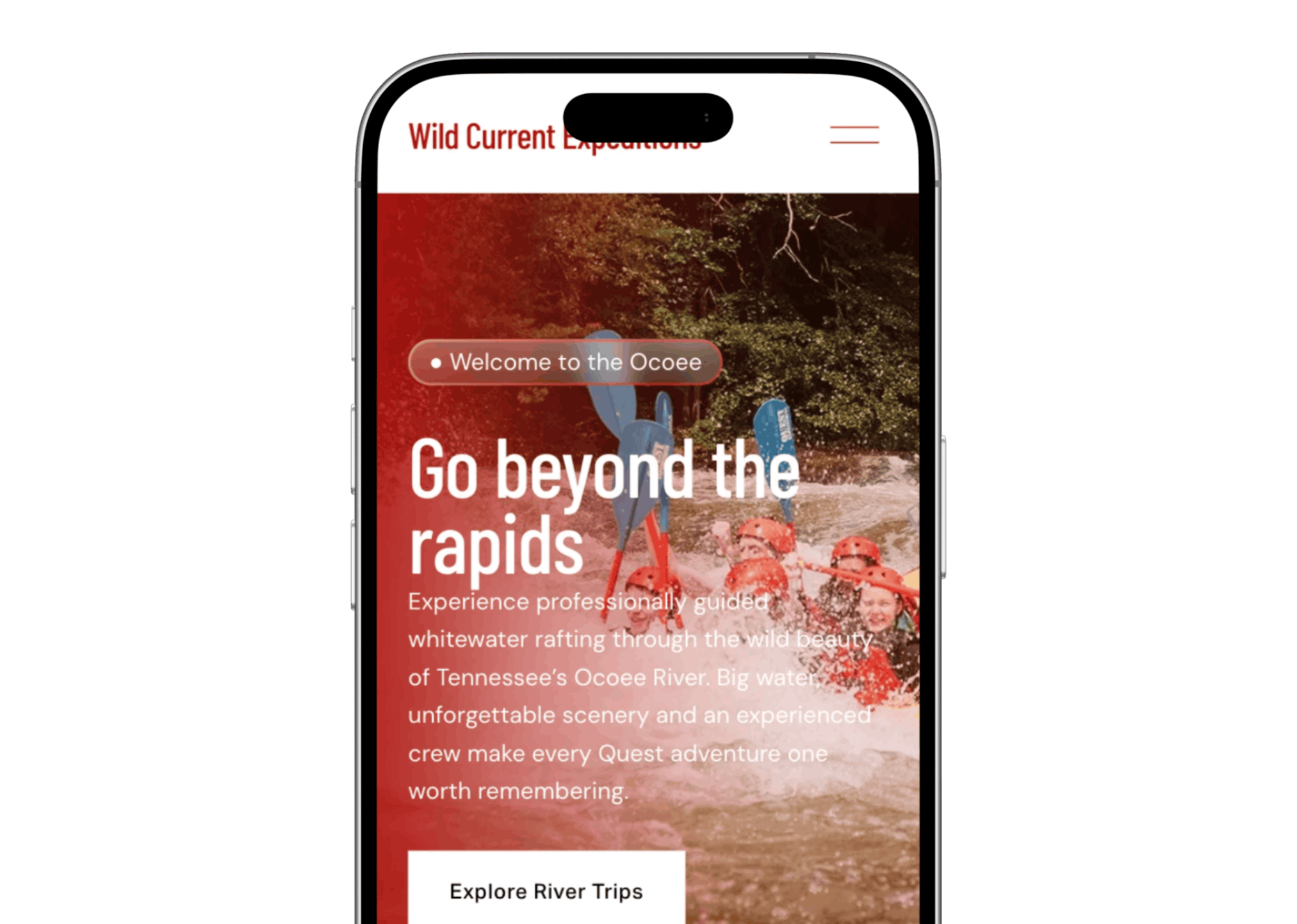 Responsive mobile view of the Wild Current Expeditions website