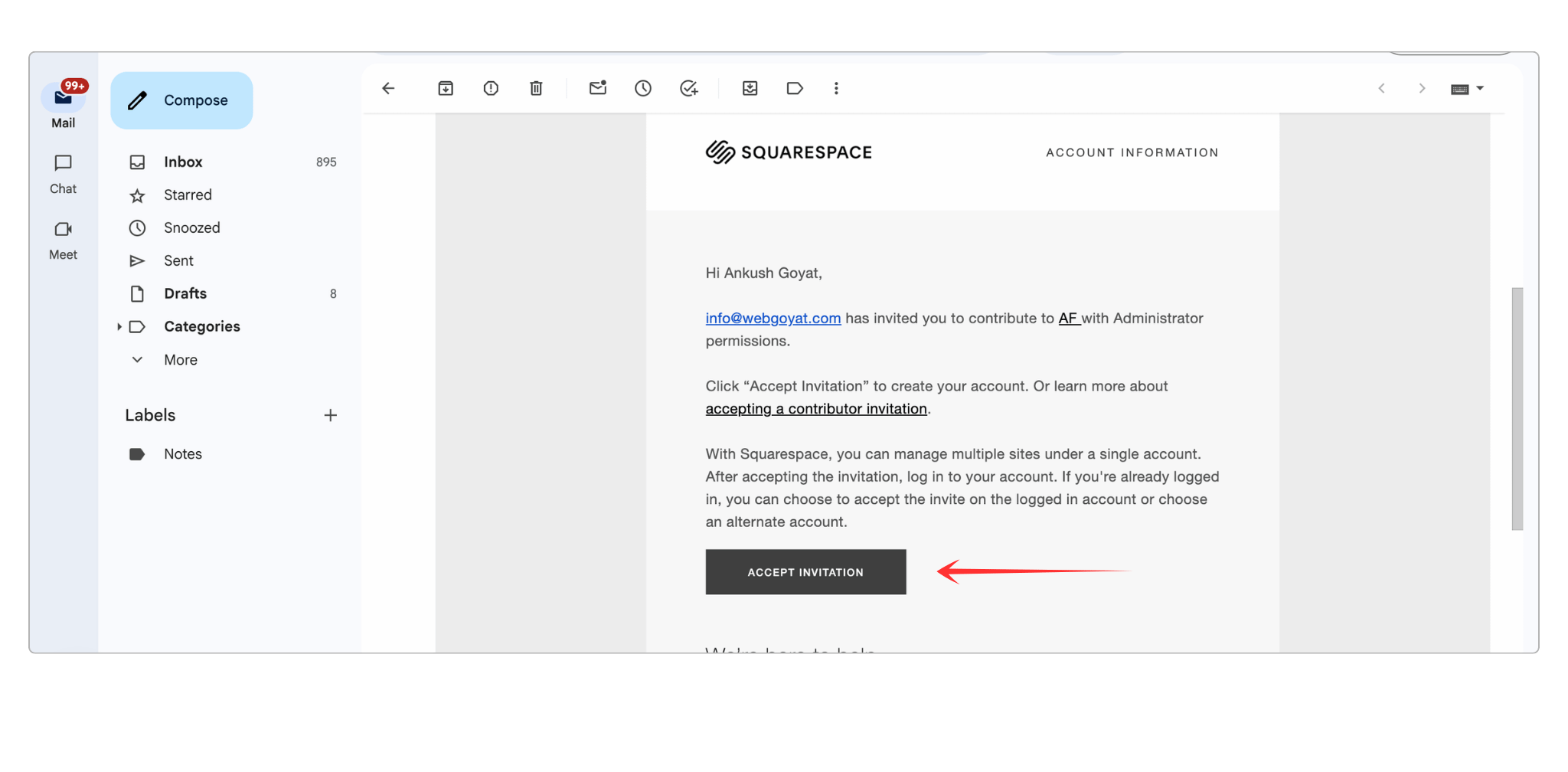 Contributor invitation email received by the future website owner during the squarespace transfer ownership process