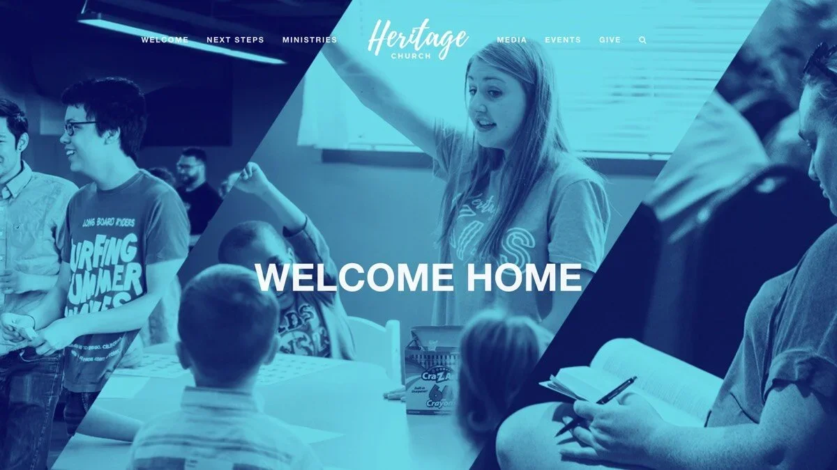 Heritage Church multi-campus Squarespace website with organized navigation menu