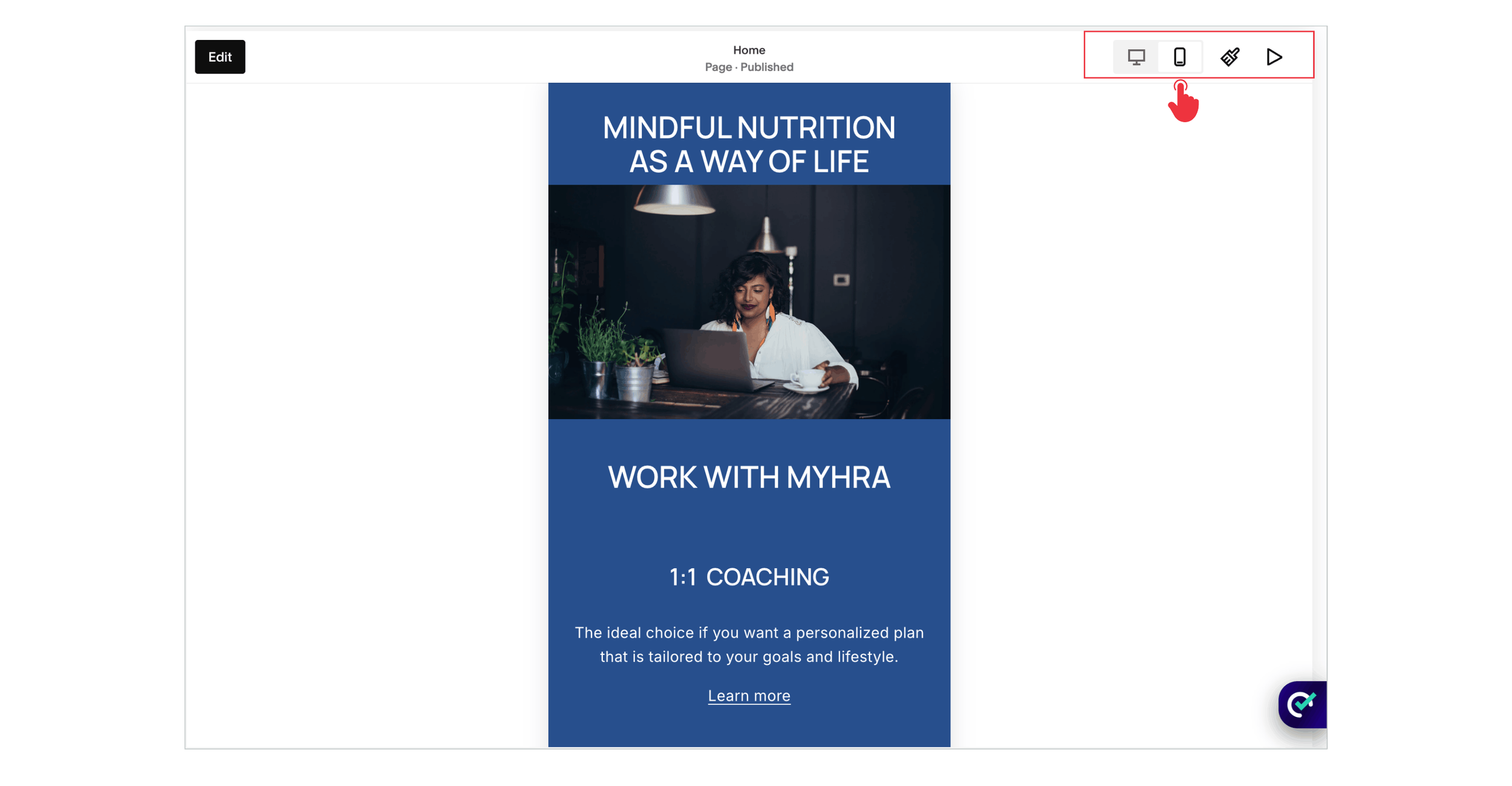 Squarespace mobile preview showing a coaching website with the Mobile View icon highlighted
