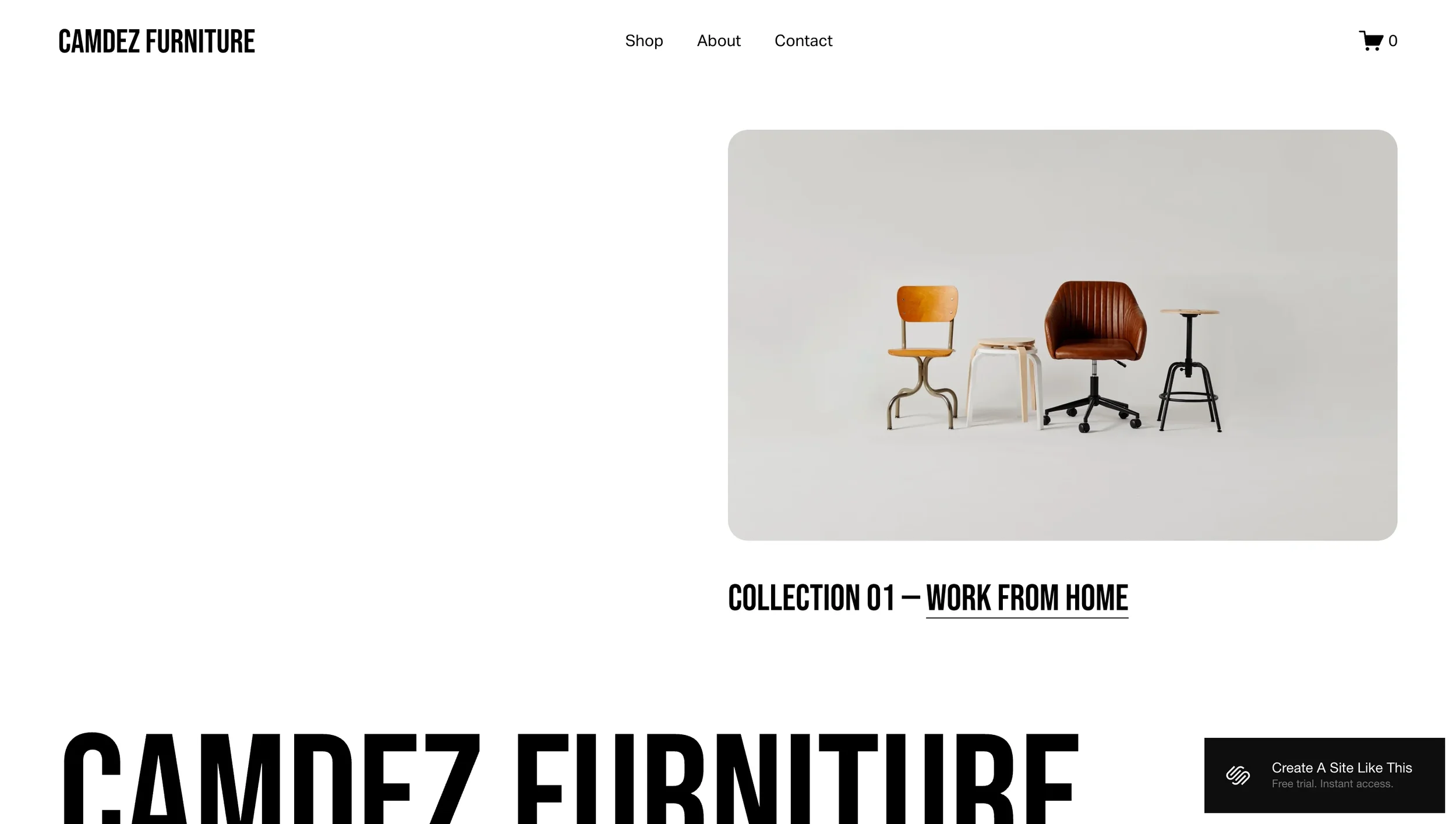 Camdez Squarespace template displaying furniture categories and home décor products.