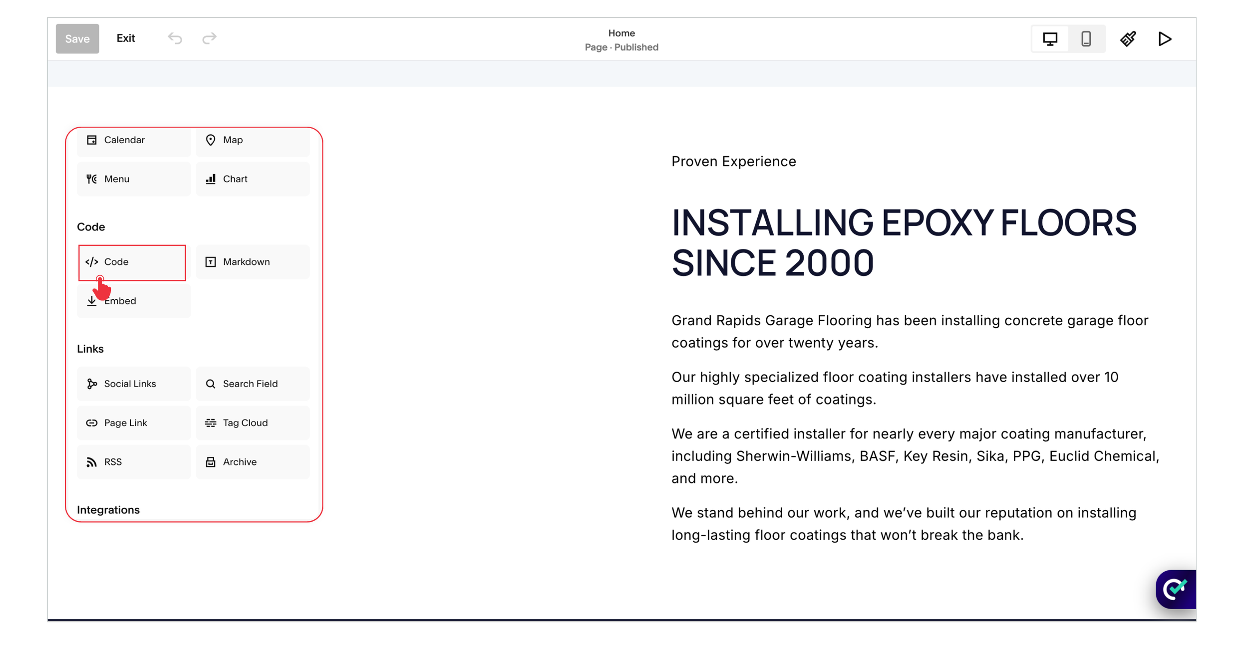 Squarespace block menu showing the Code block highlighted above the Embed option