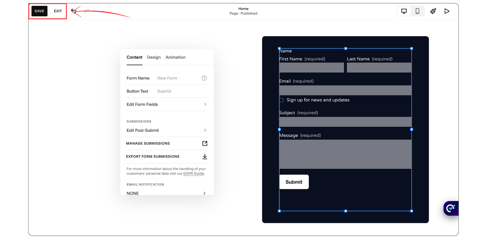 Published Squarespace contact form ready to receive inquiries