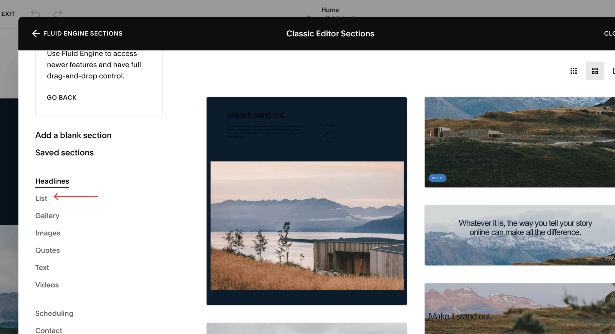 List section highlighted in the Squarespace classic editor section menu
