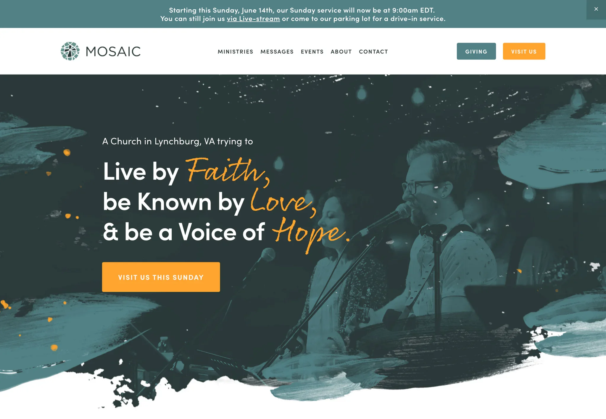 Mosaic creative church website with colorful branding and modern Squarespace layout