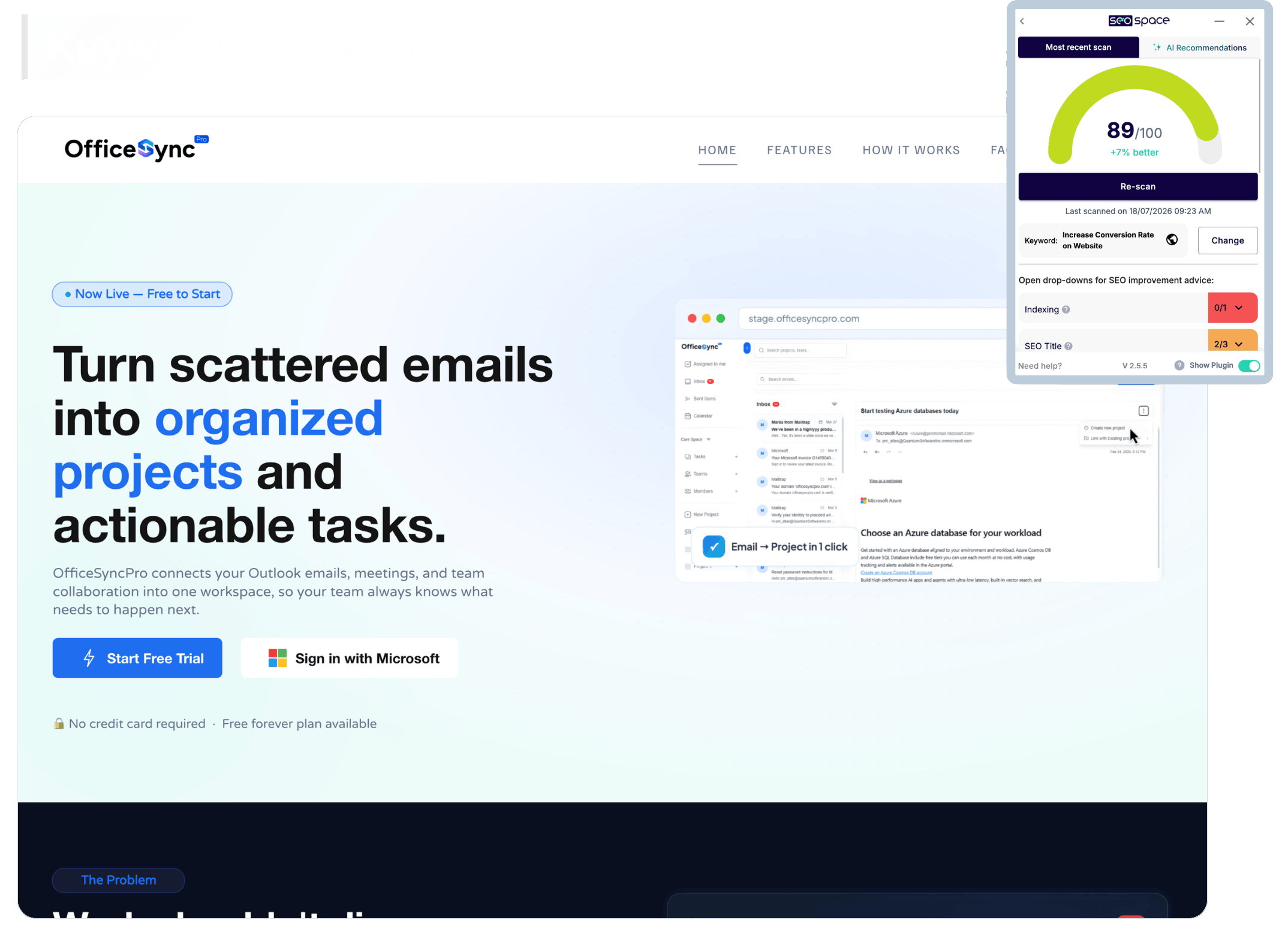 OfficeSyncPro Squarespace website shown beside an SEO audit dashboard