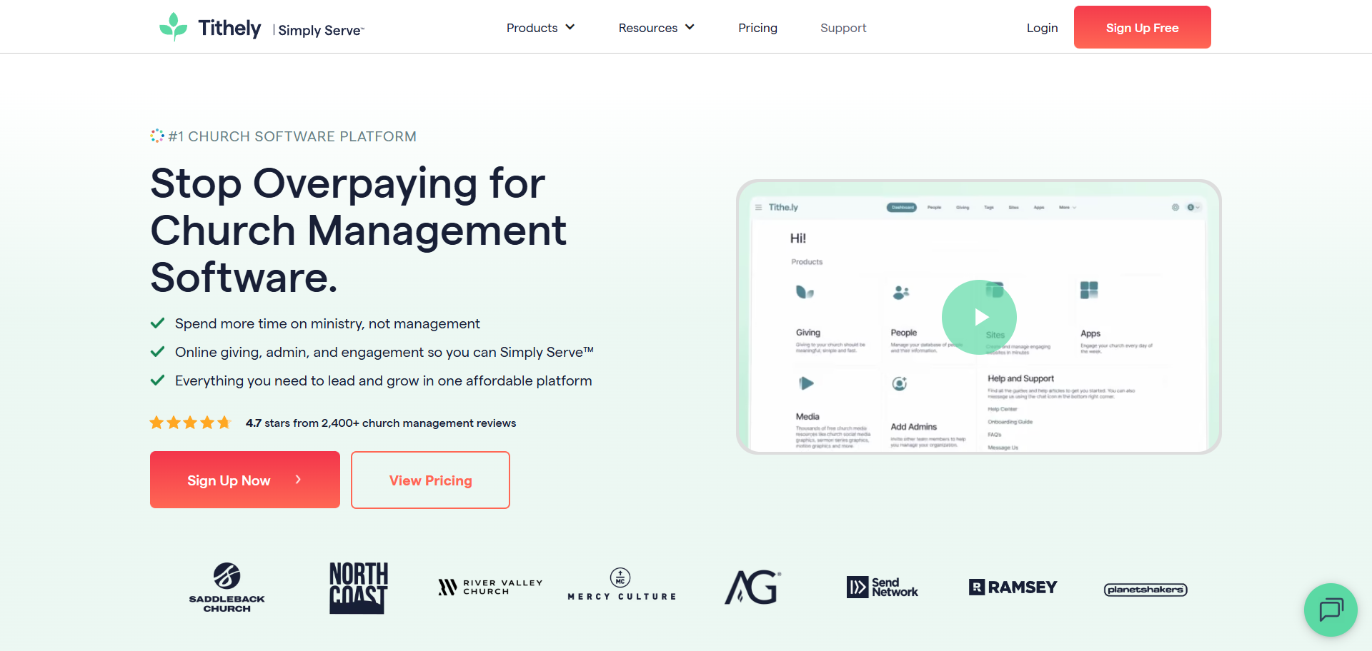 Tithe.ly church website platform with online giving and event management tools