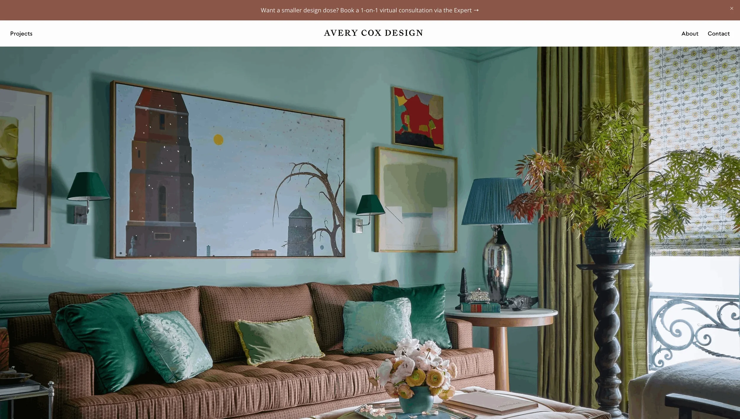 Avery Cox Design website showcasing residential and hospitality interiors.