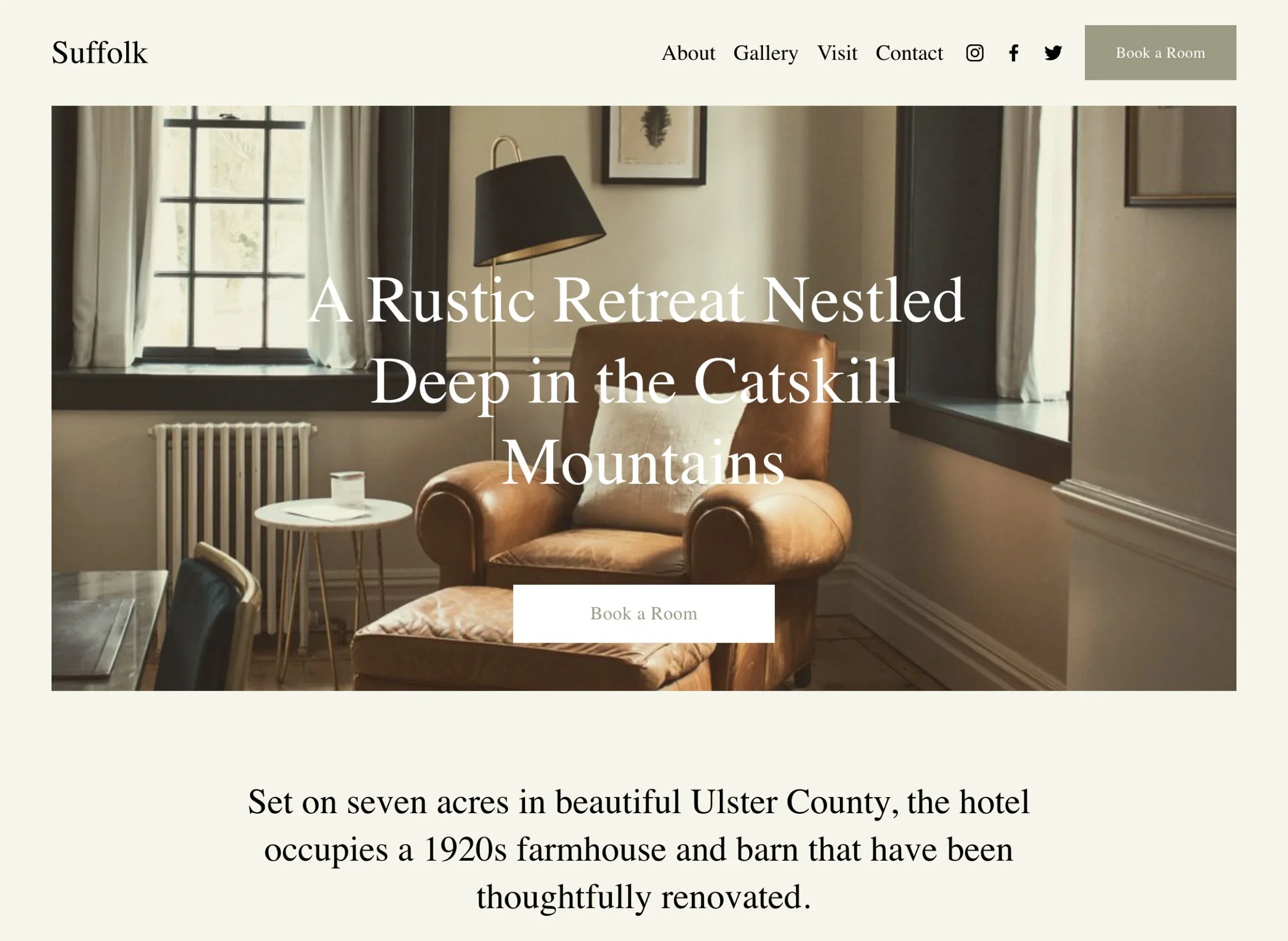 Suffolk Squarespace hotel template with a rustic interior photograph and Book a Room buttons.