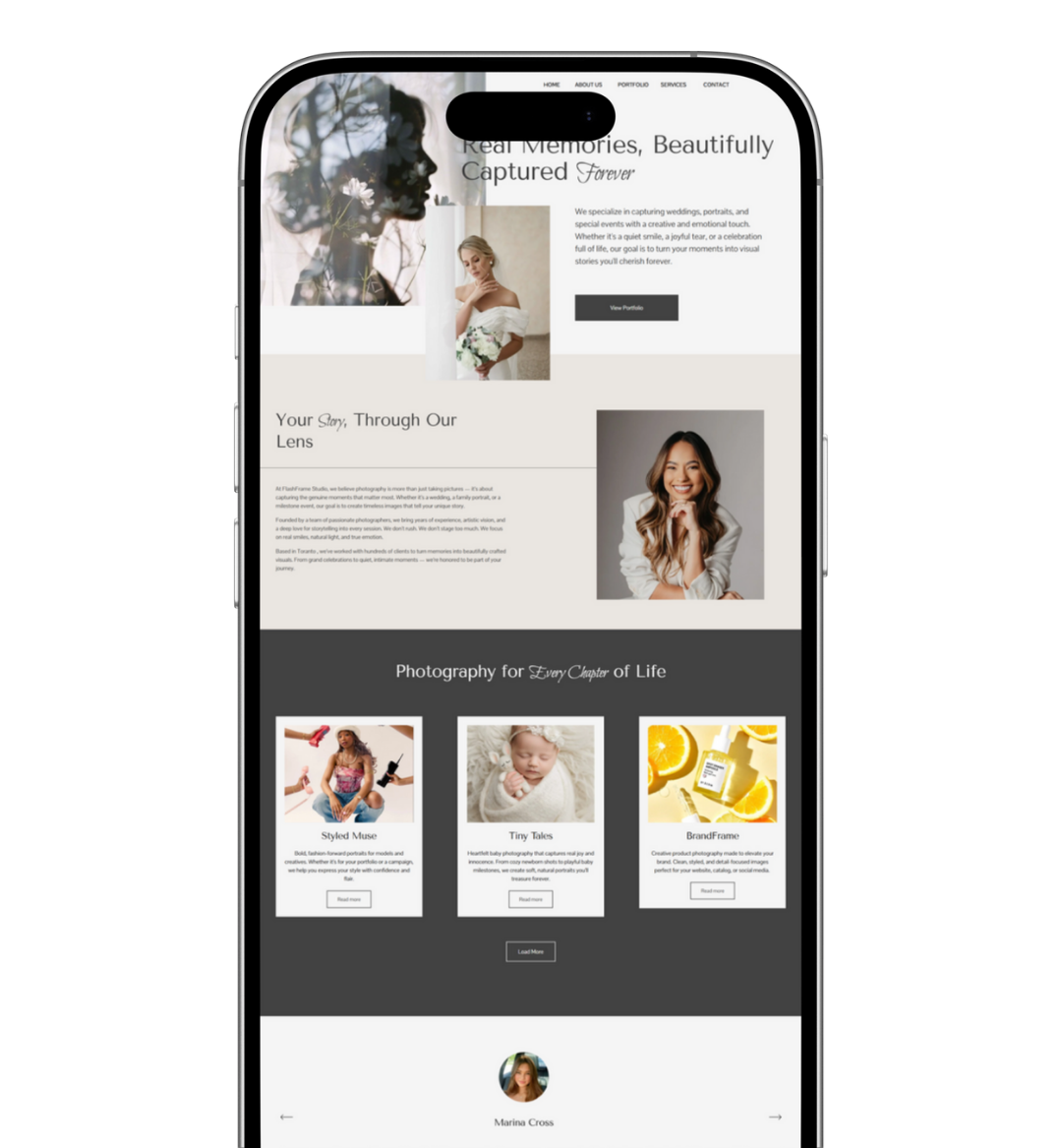 Flash Frame Studio mobile website displayed on a smartphone