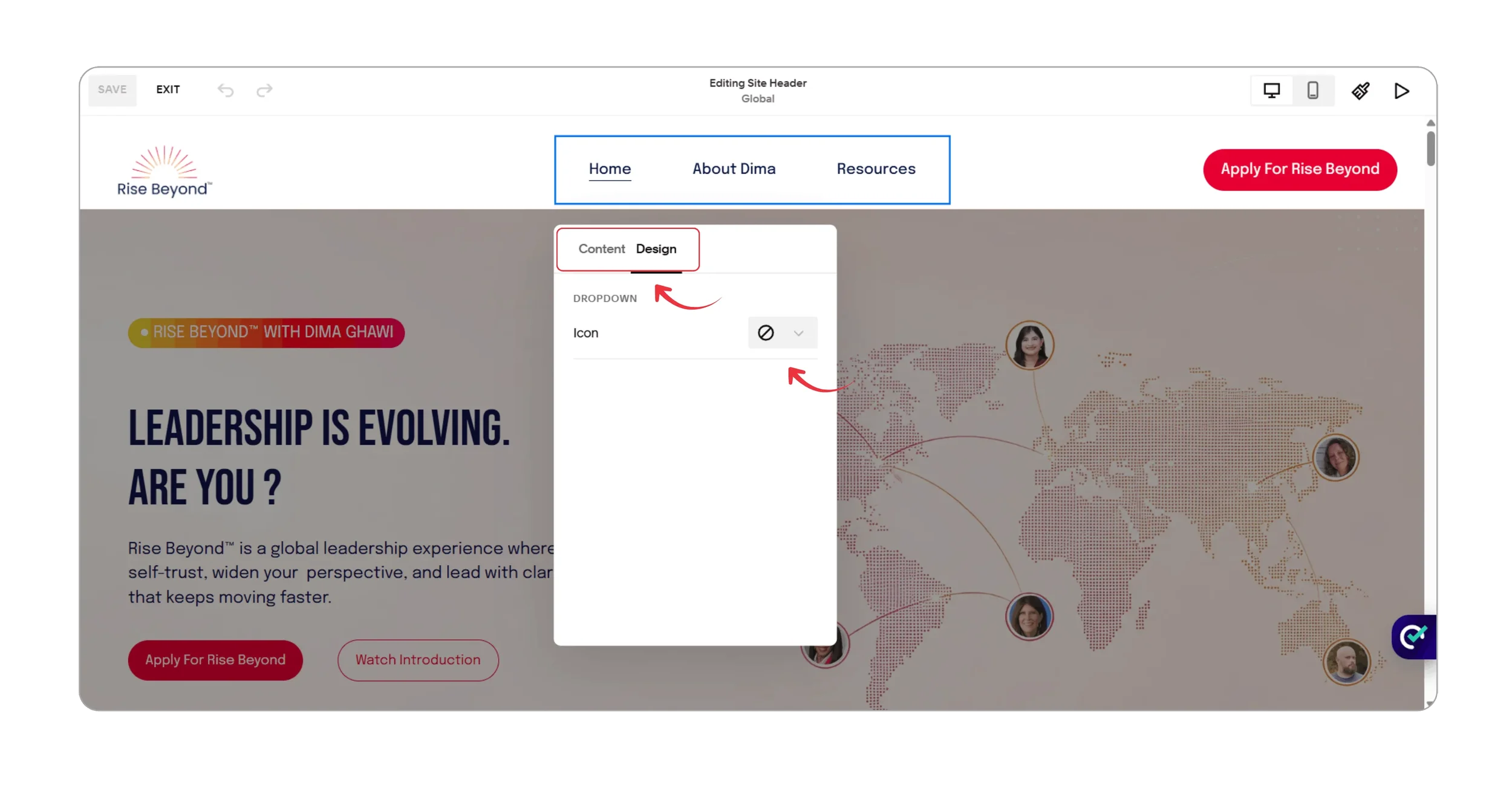 Design tab for Squarespace dropdown menu styling and navigation options