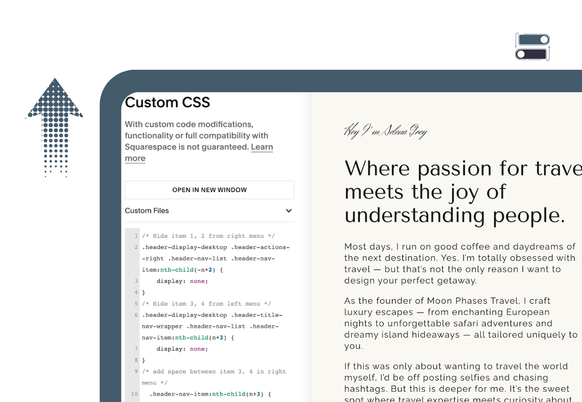Squarespace custom CSS editor beside the Moon Phases Travel website