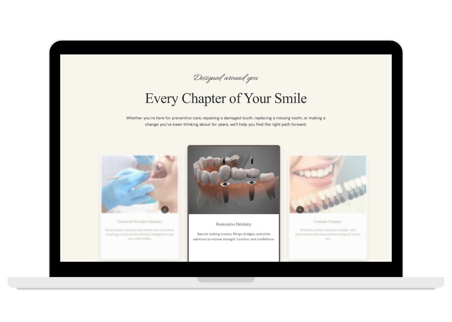 Dolce Dental patient-focused Squarespace website displayed on a laptop