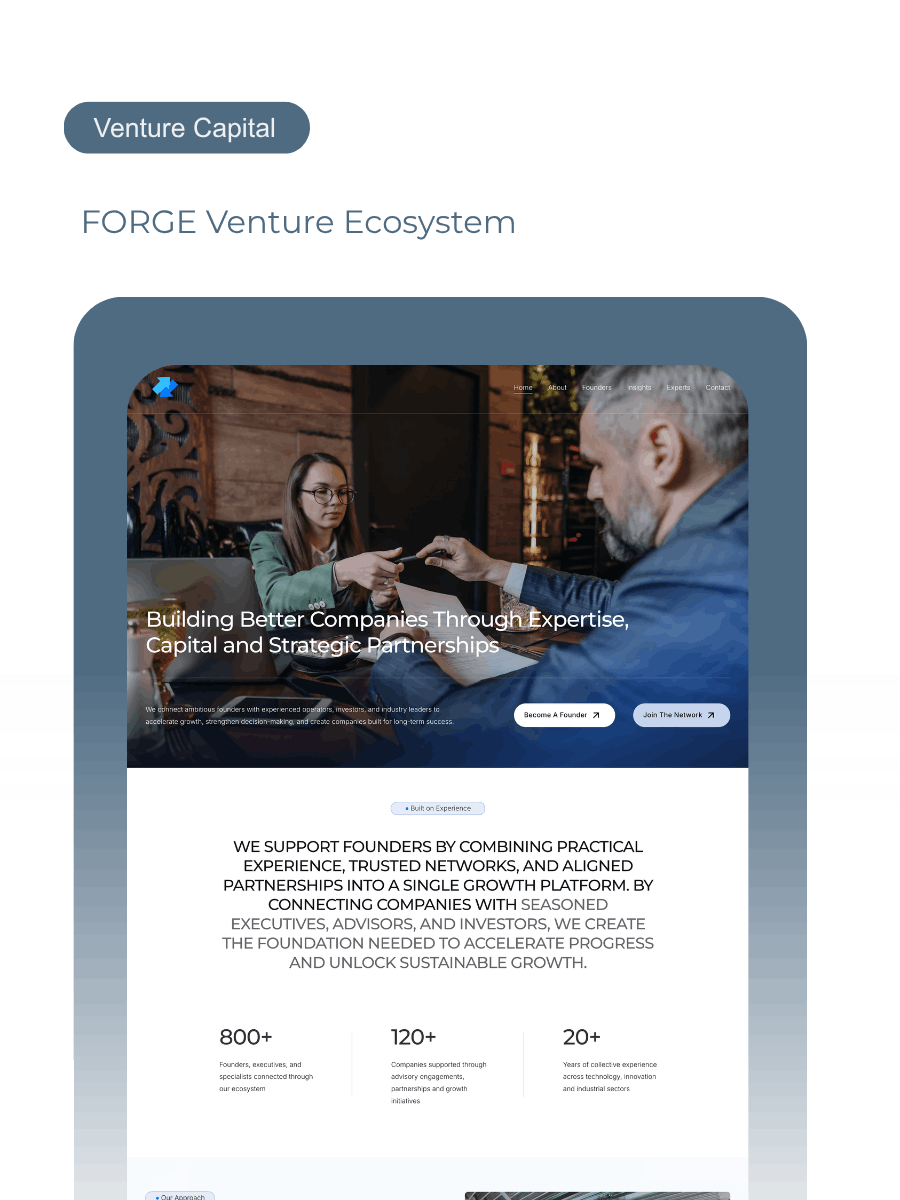 Venture capital ecosystem website homepage mockup for FORGE Venture Ecosystem designed in Squarespace with executive UI/UX and conversion-focused layout by Web Goyat