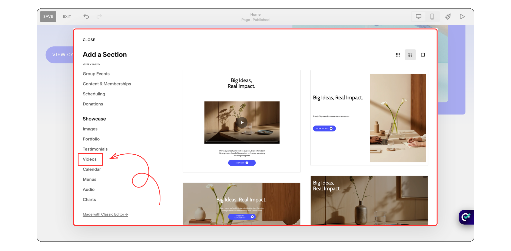 Video section layout on a Squarespace website