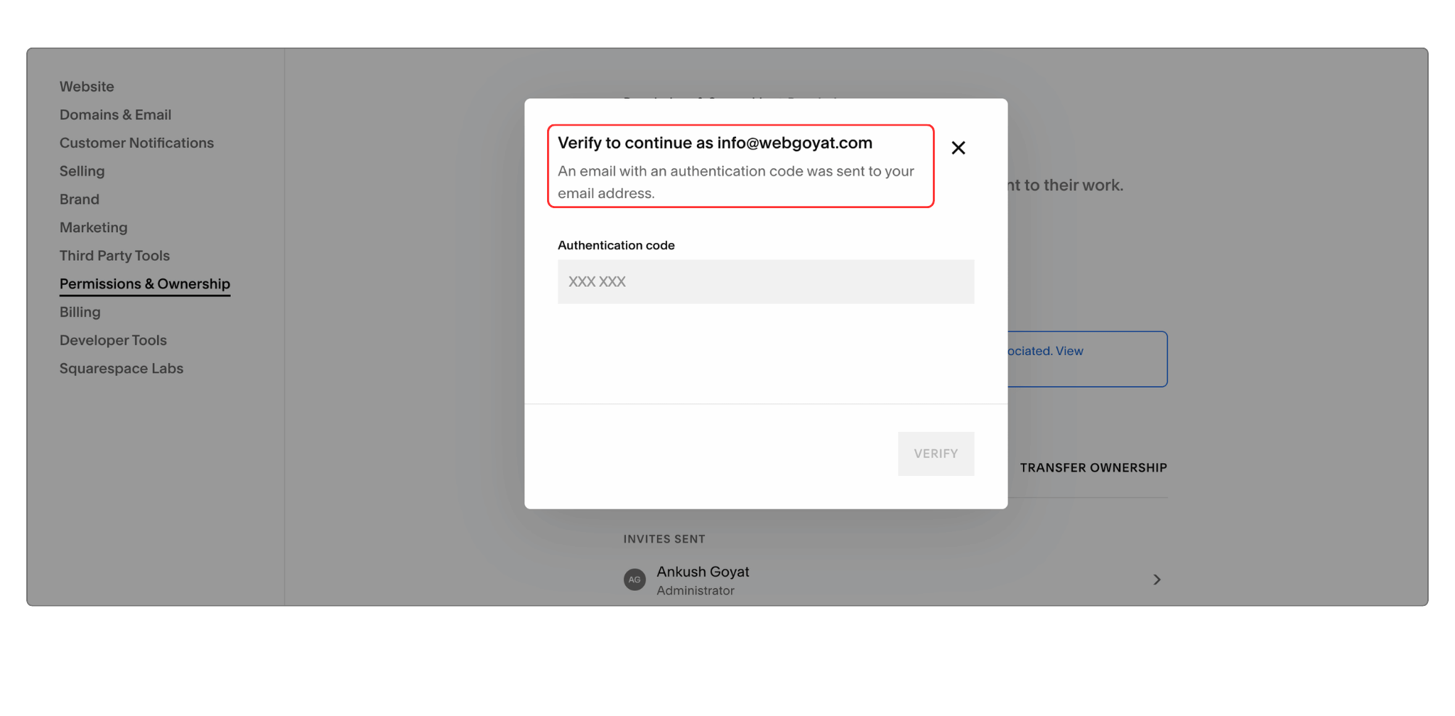 Security verification code email from Squarespace shown before making changes to squarespace transfer ownership and contributor settings