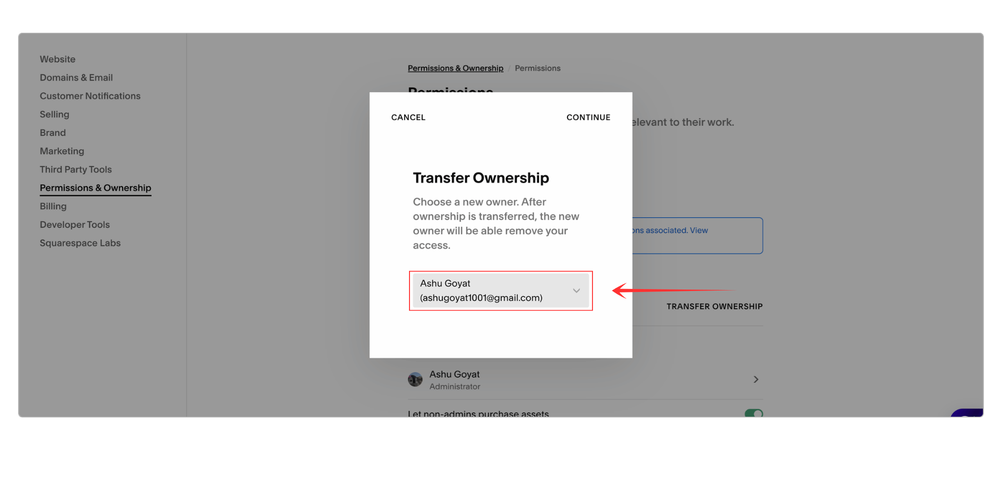 Dropdown menu showing contributors available for transfer ownership of squarespace site to another account