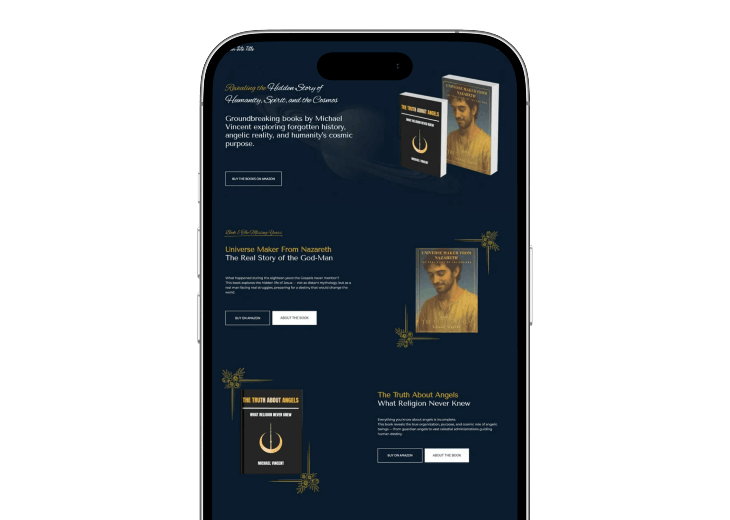 Responsive mobile view of the Michael Vincent Squarespace author website