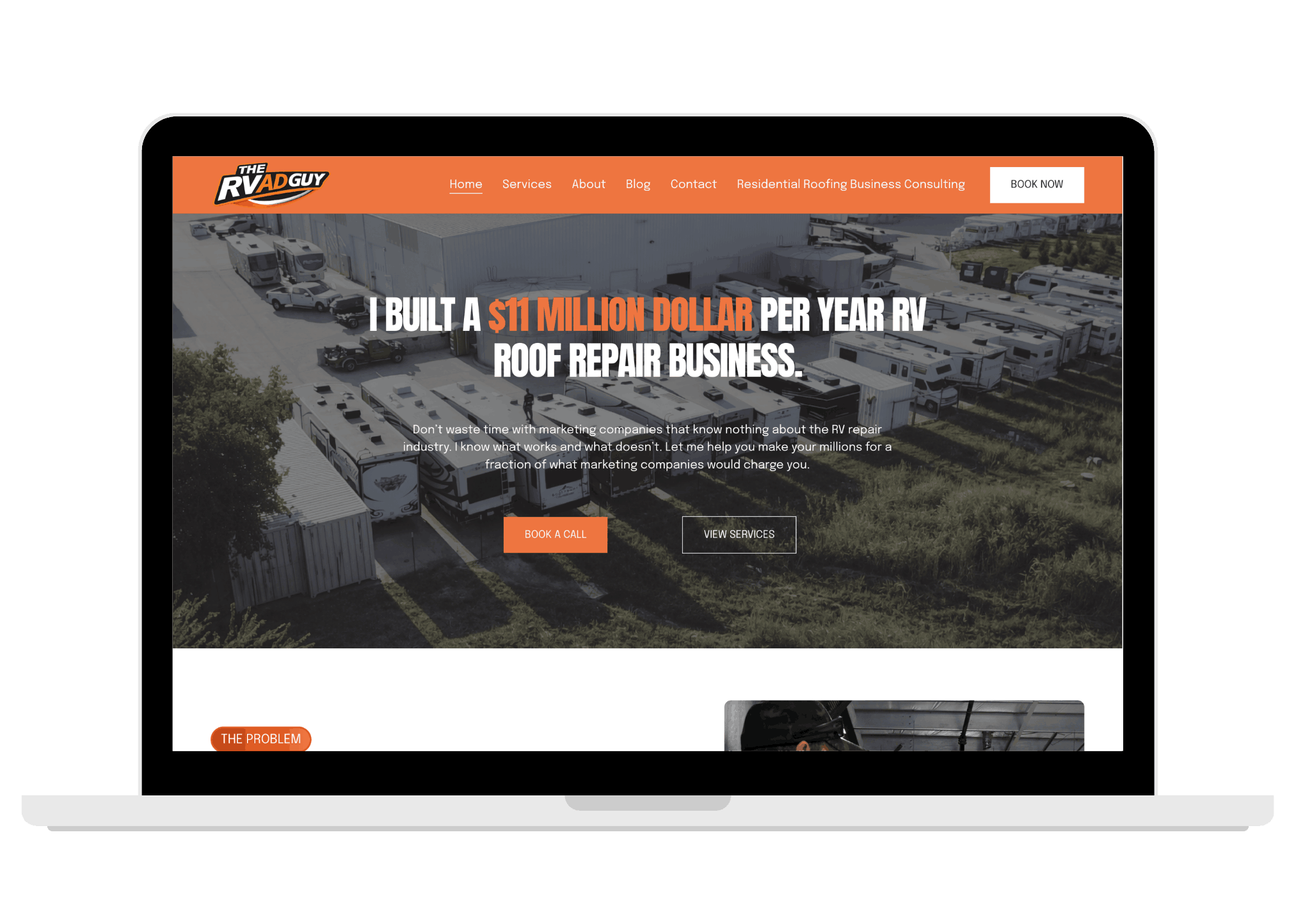 The RV Ad Guy homepage displayed on a laptop with an RV marketing headline and consultation call to action