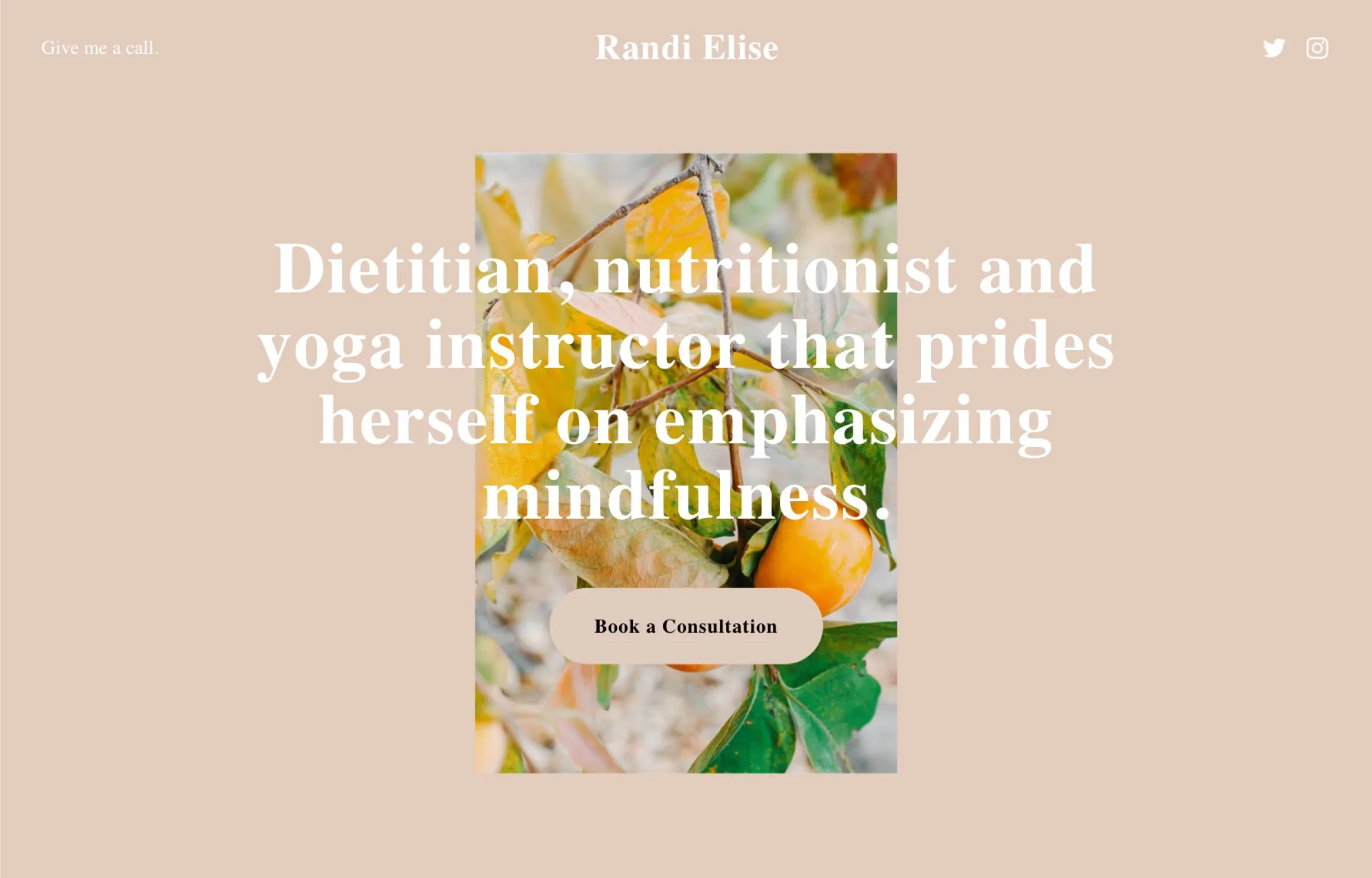 Randi Squarespace template with a peach background, wellness introduction, and Book a Consultation button.