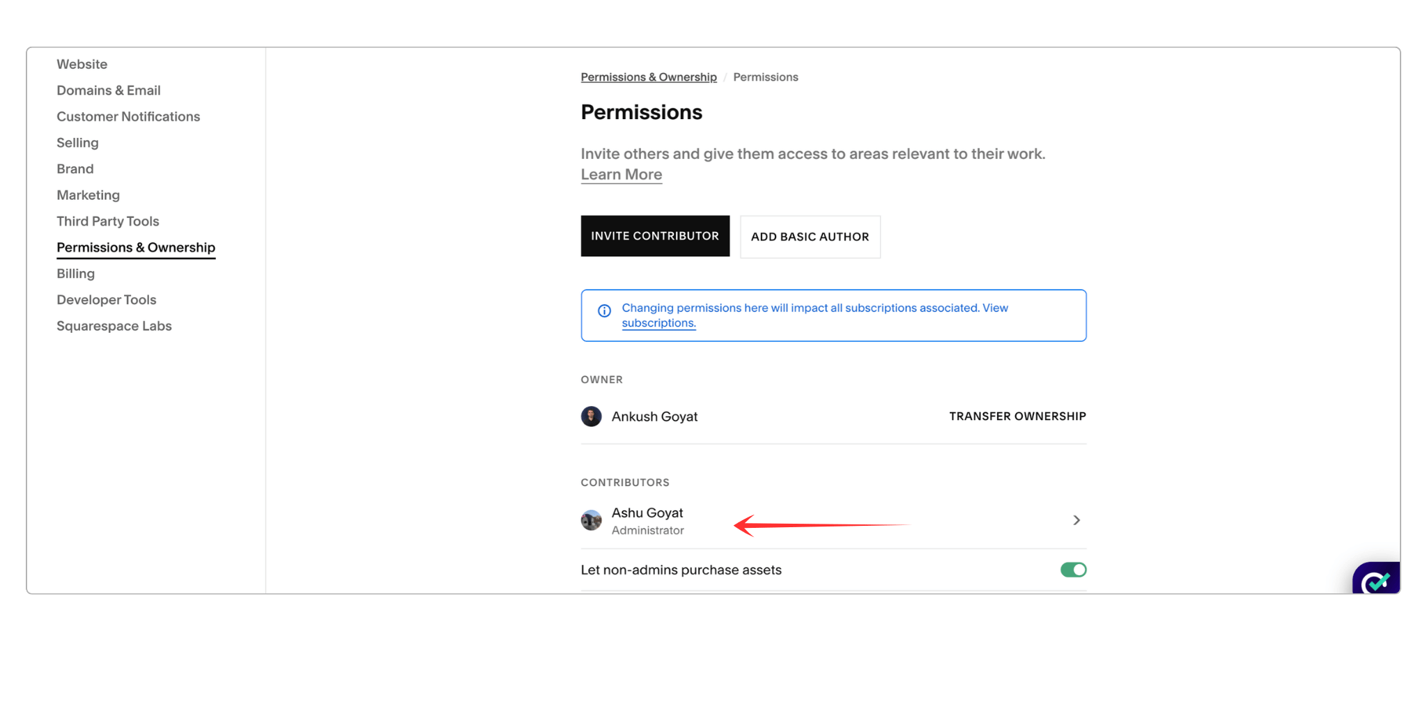 Dropdown menu showing contributors available for transfer ownership of squarespace site to another account