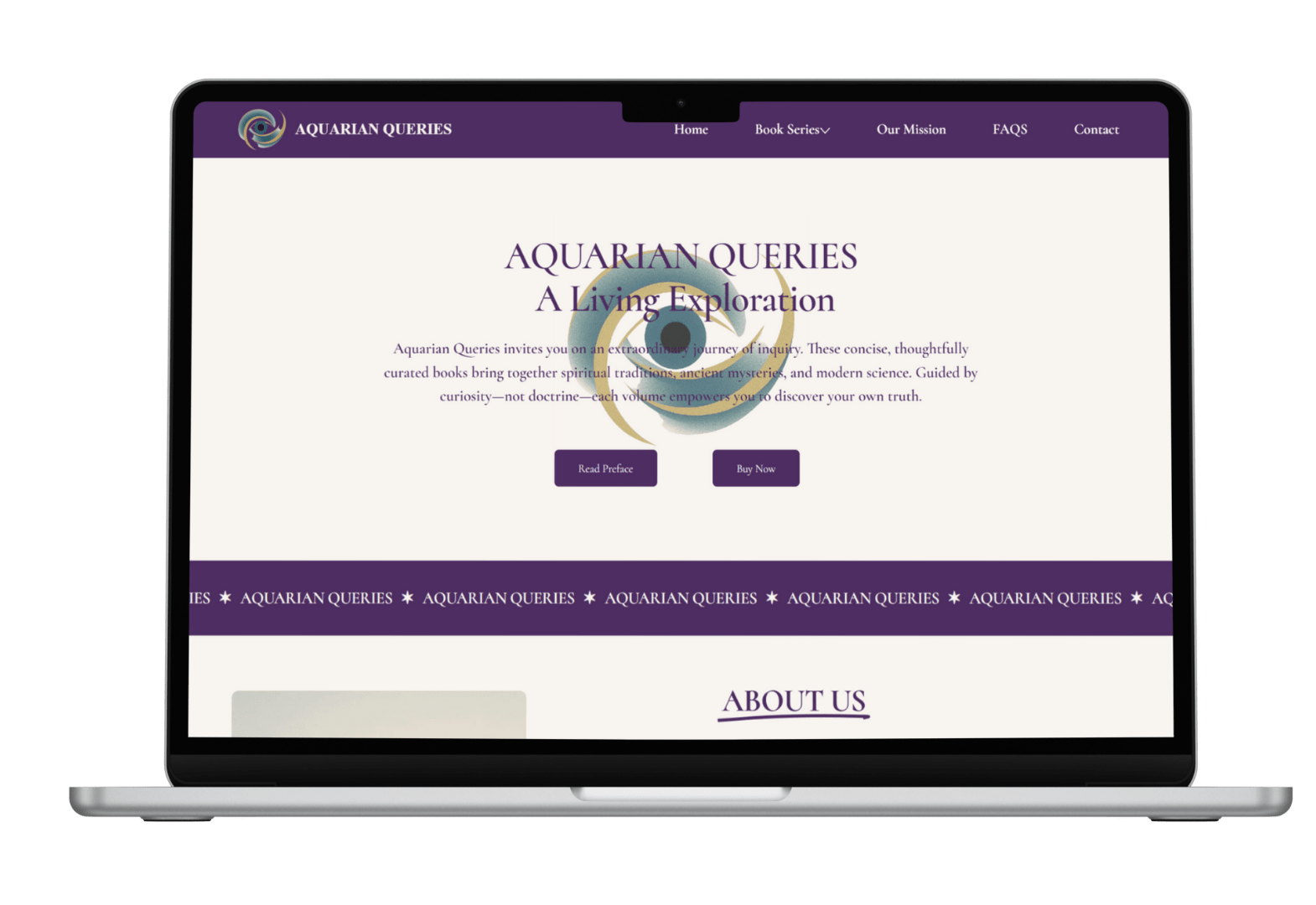 Aquarian Queries publishing homepage displayed on a laptop