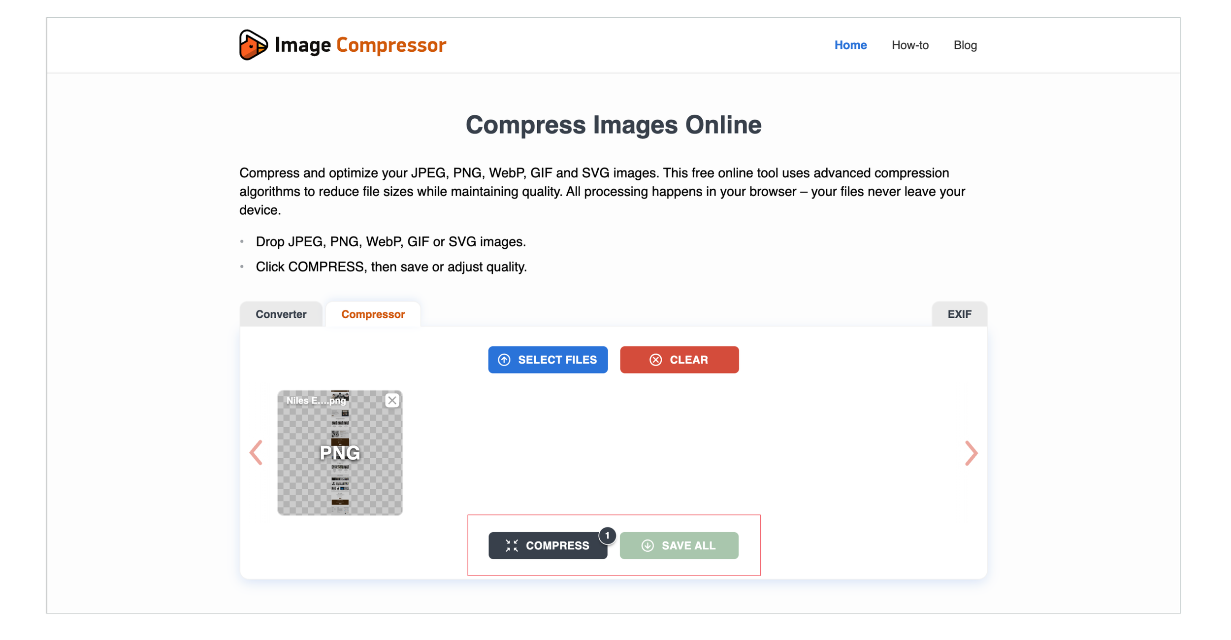 Online image compressor with Compress and Save All buttons highlighted to help improve Squarespace website load speed