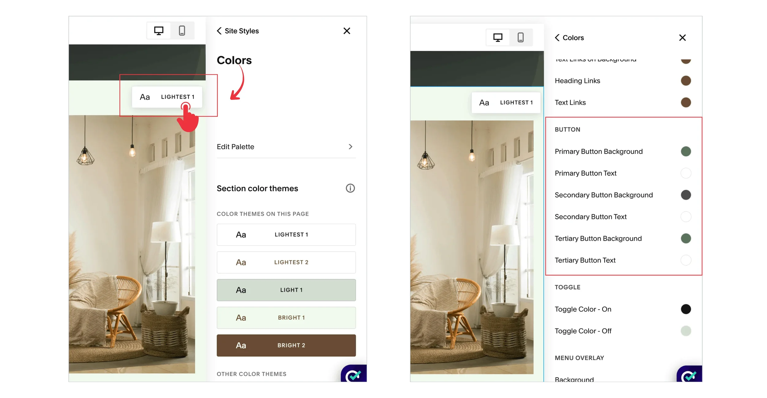 Squarespace colour theme settings showing background and text colours for primary, secondary, and tertiary buttons.