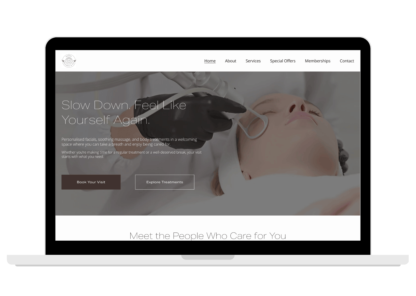 Serena Wellness & Spa homepage displayed on a laptop