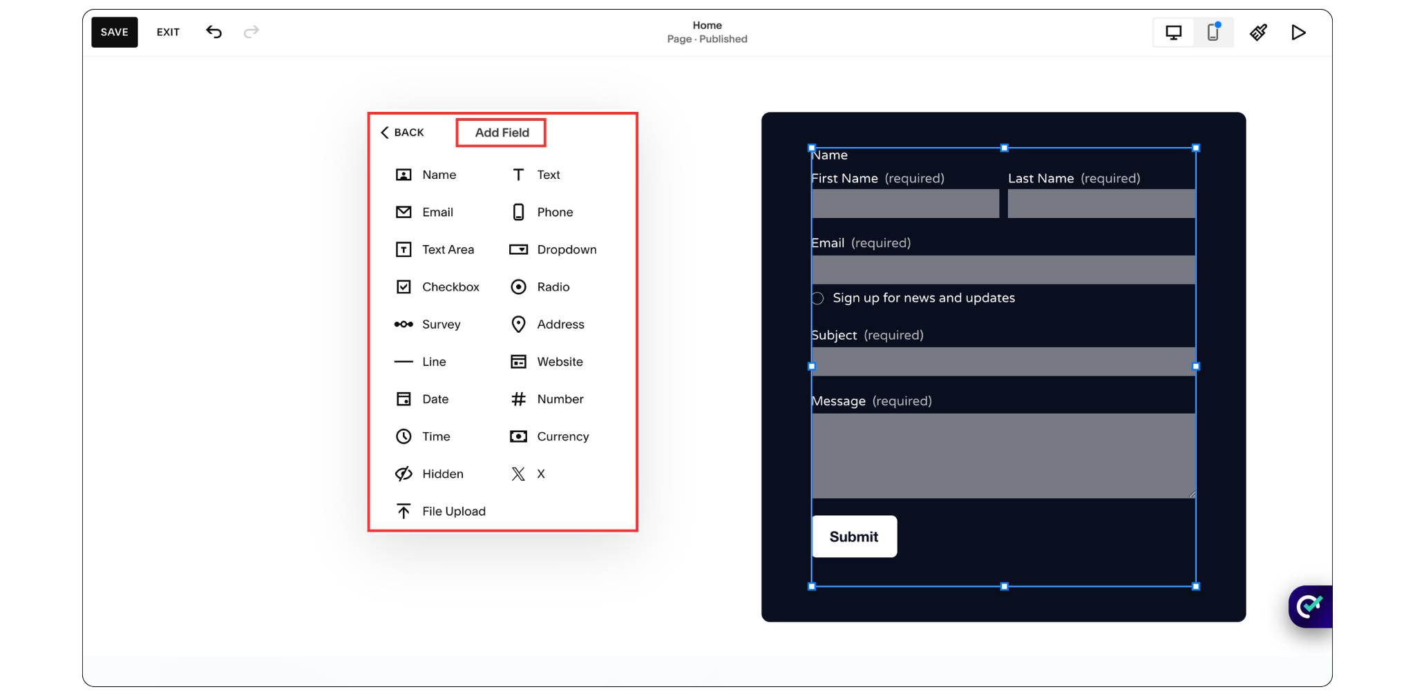 Squarespace contact form settings with customizable form fields
