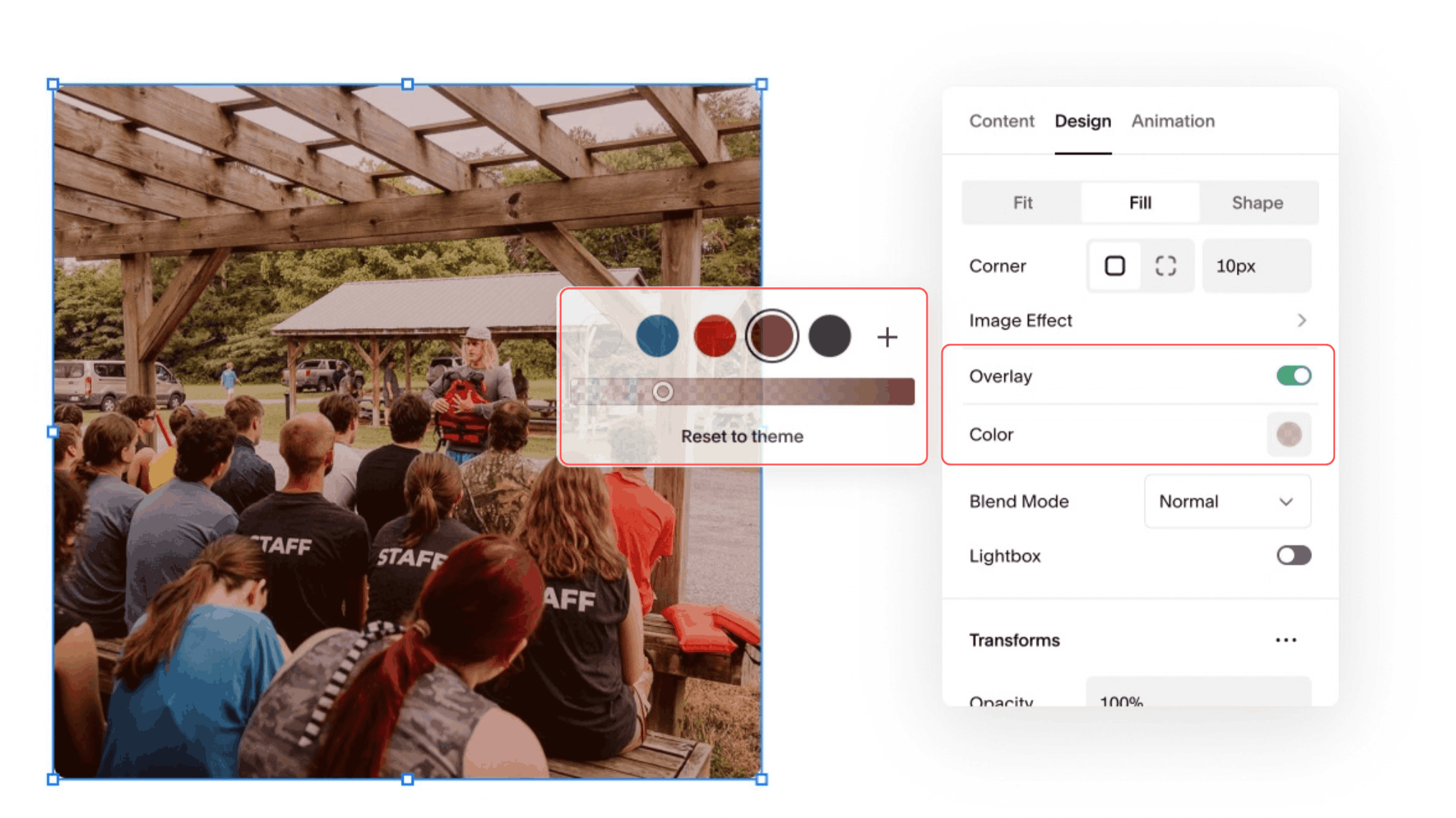 Squarespace image block settings showing the Overlay toggle enabled to add a colored layer over an image.