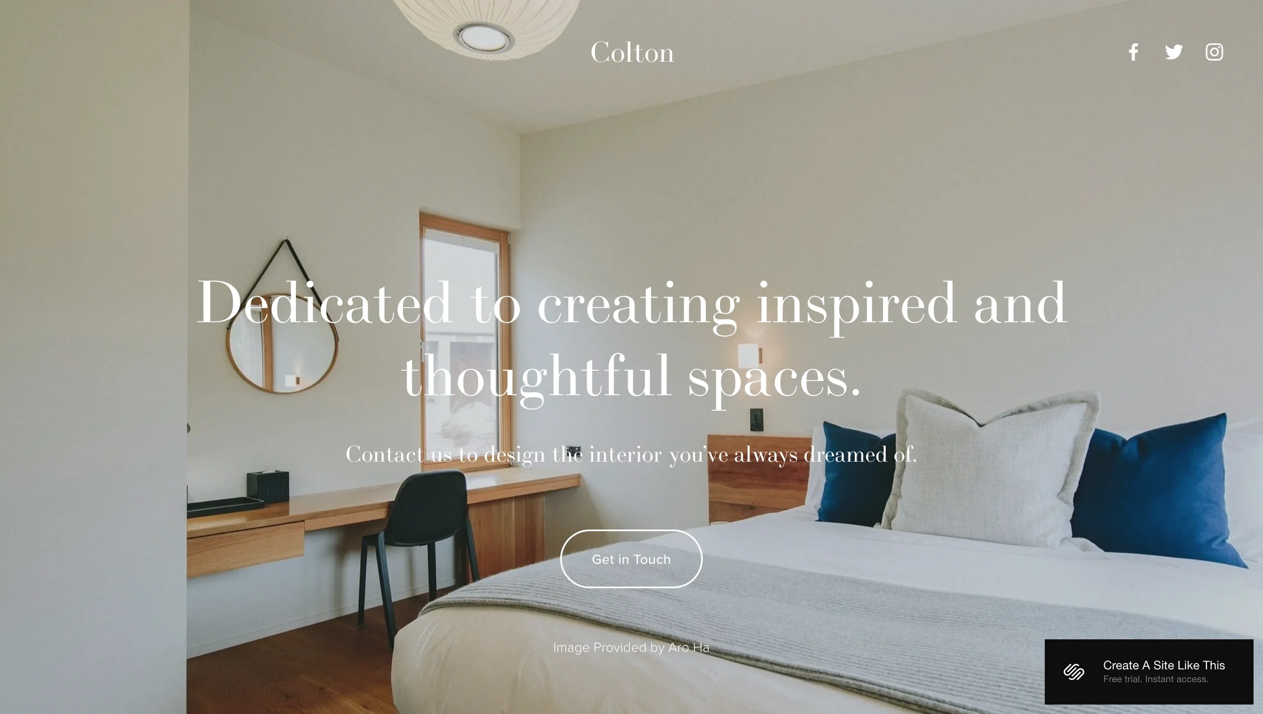 Colton Squarespace template with a large image, a short introduction and a contact button.