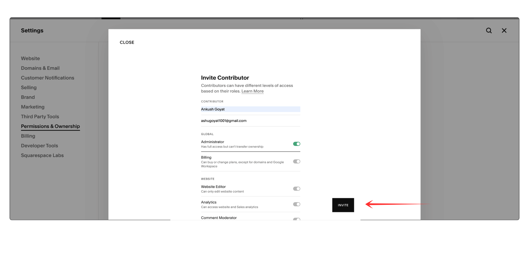 Administrator permission settings inside Squarespace permissions used before transfer squarespace ownership to a new user