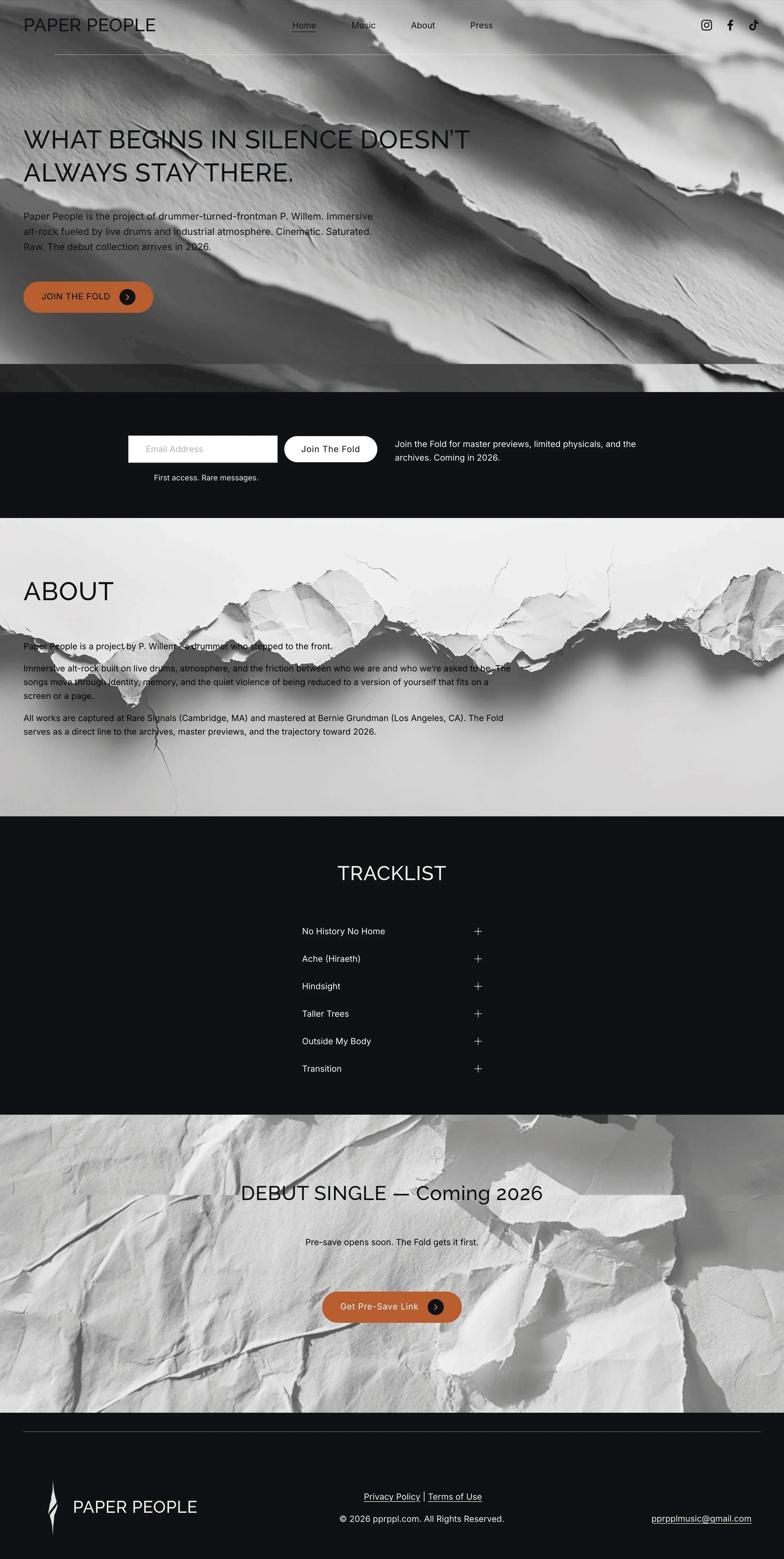 Full-page view of the Paper People Squarespace website for the alt-rock music project