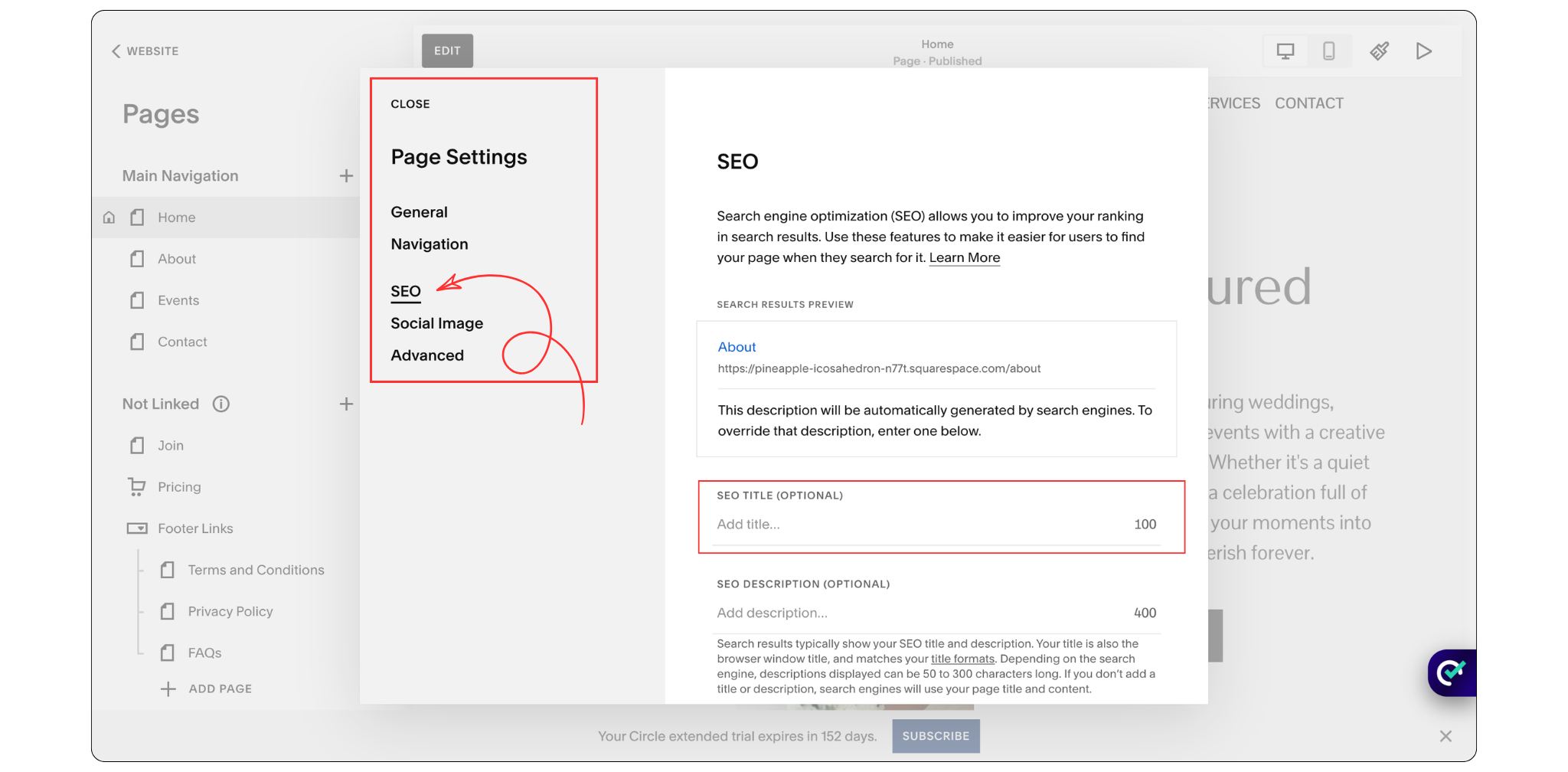 Editing SEO title and meta description in Squarespace settings