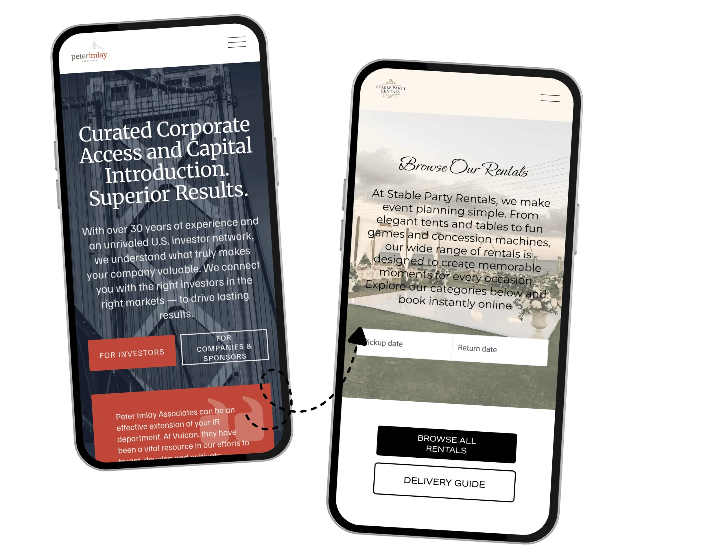 Mobile views of Peter Imlay Associates and Stable Party Rentals Squarespace websites