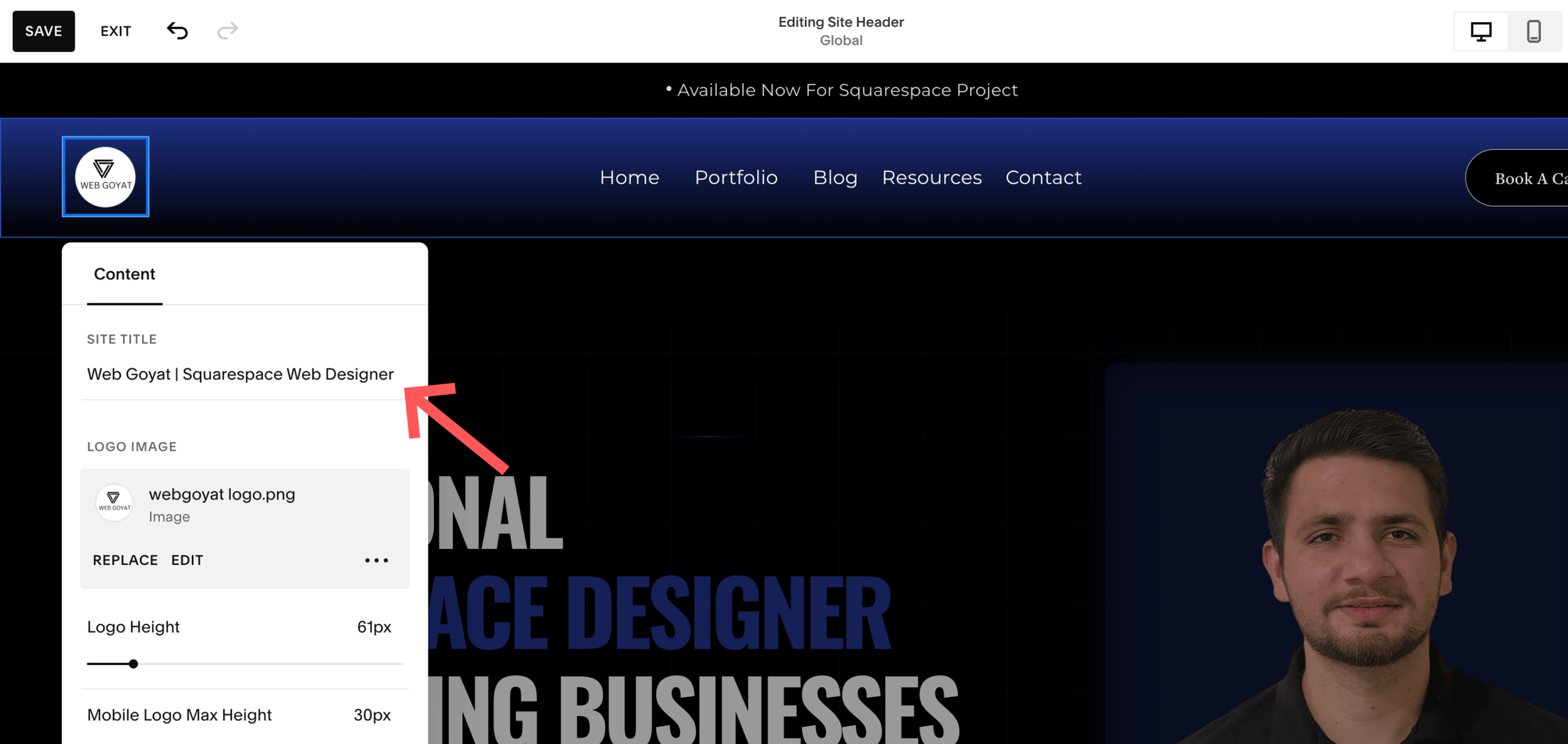 Entering new site title in Squarespace site title text field