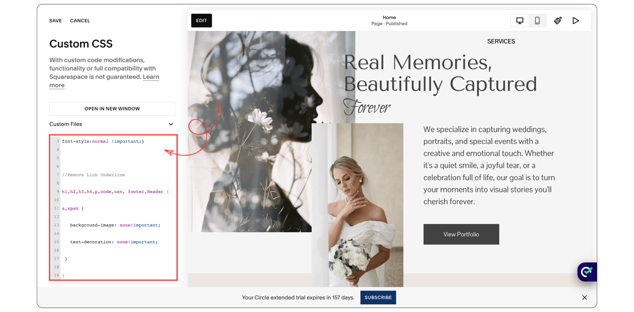 CSS code used to remove underlines from links in Squarespace