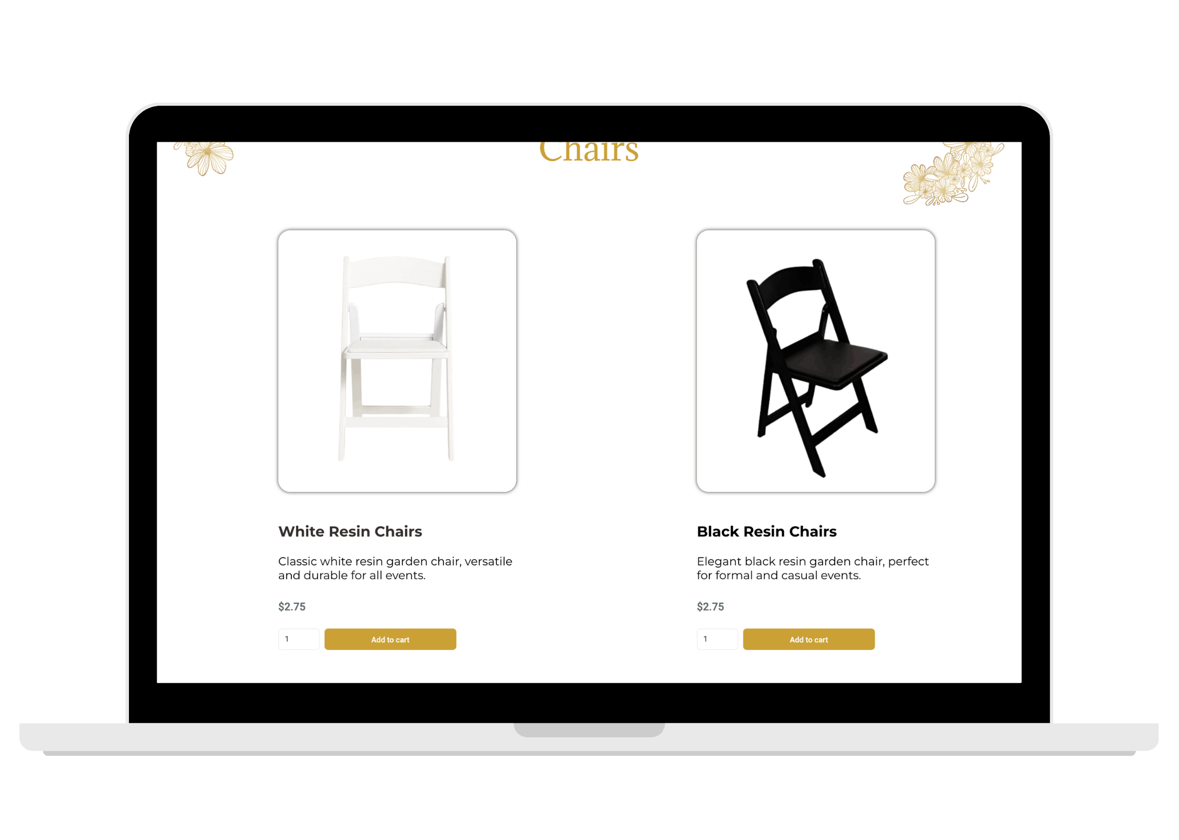 Stable Party Rentals online product catalog displayed on a laptop