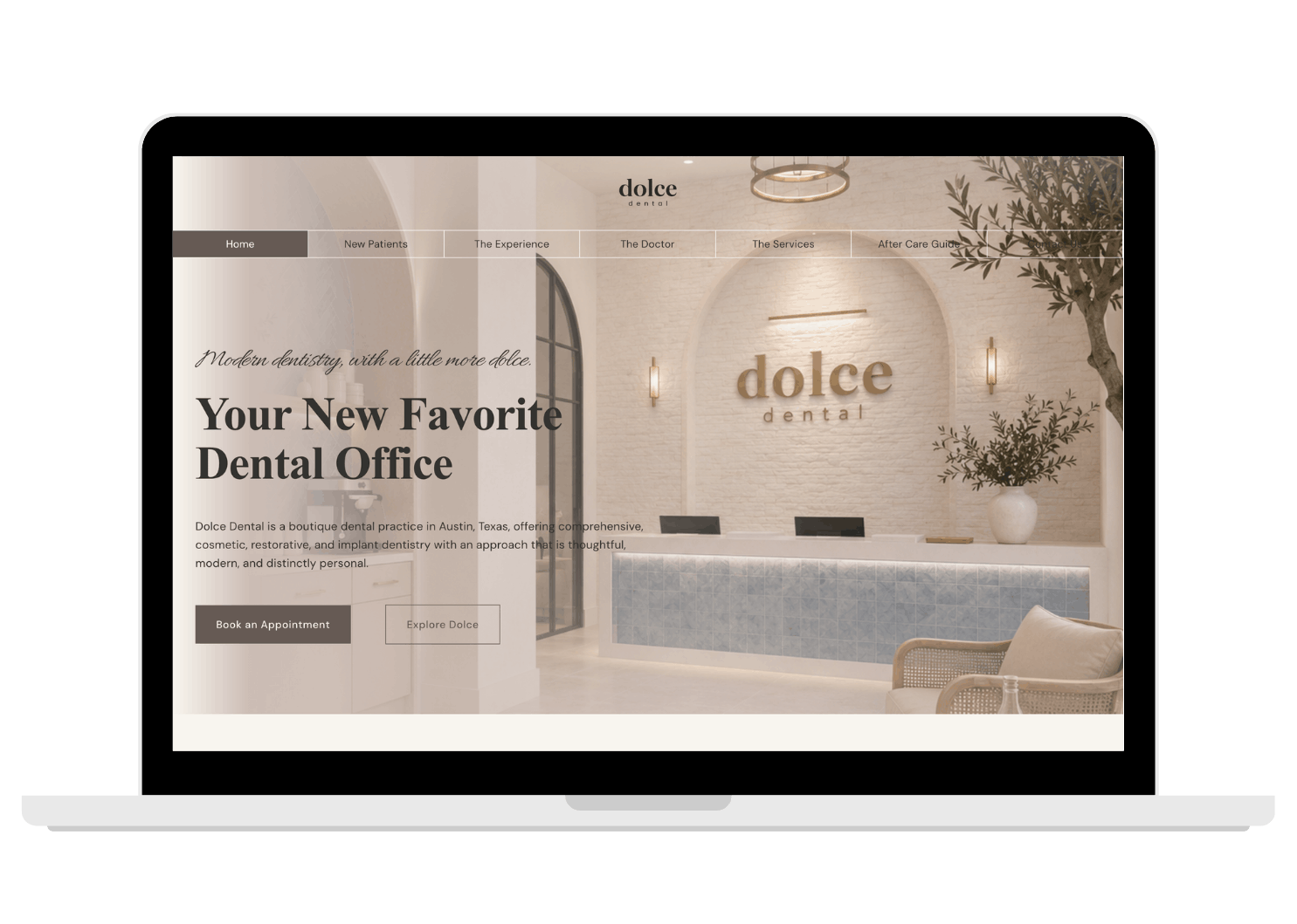 Dolce Dental boutique website homepage displayed on a laptop