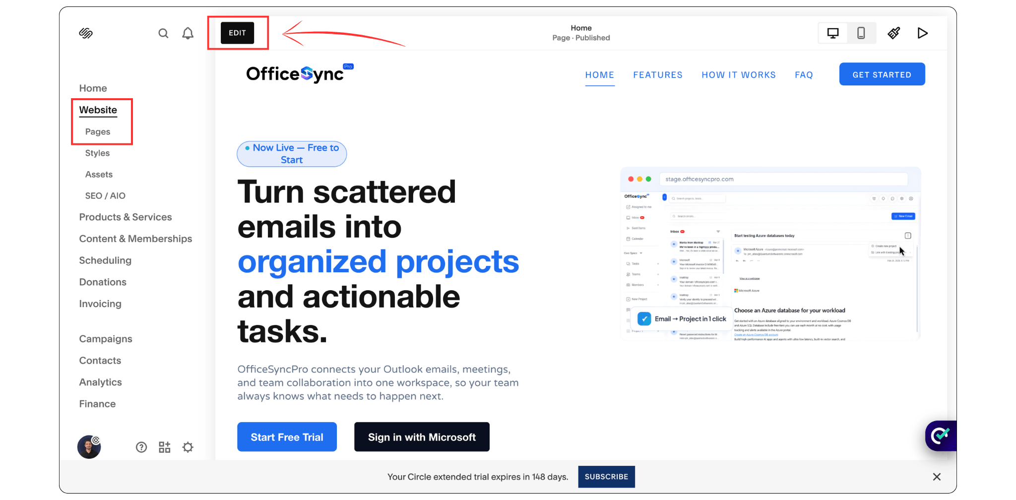 Squarespace dashboard showing how to access the page editor
