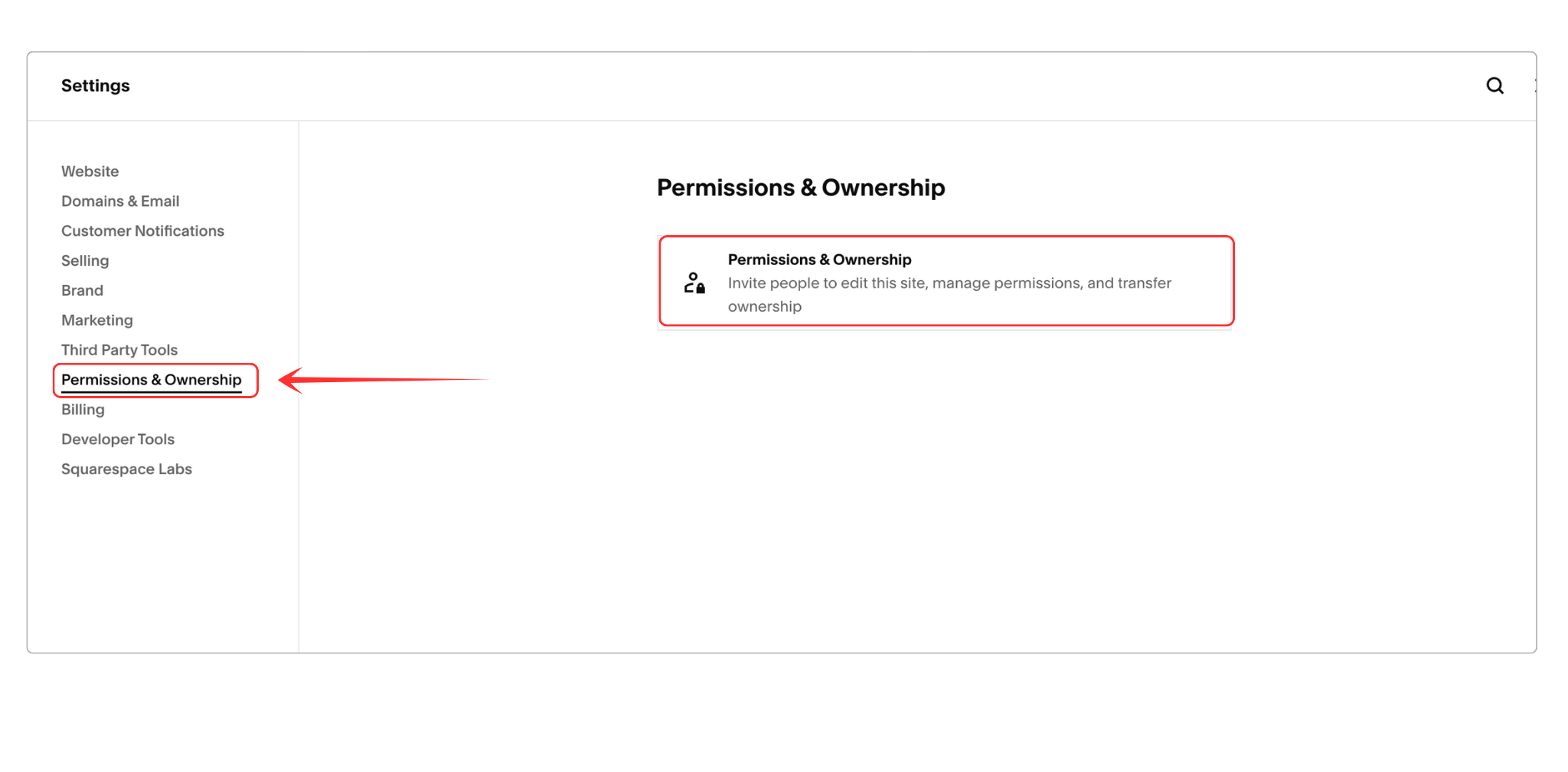 Squarespace permissions settings panel where website owners can manage contributor access and transfer ownership of website accounts