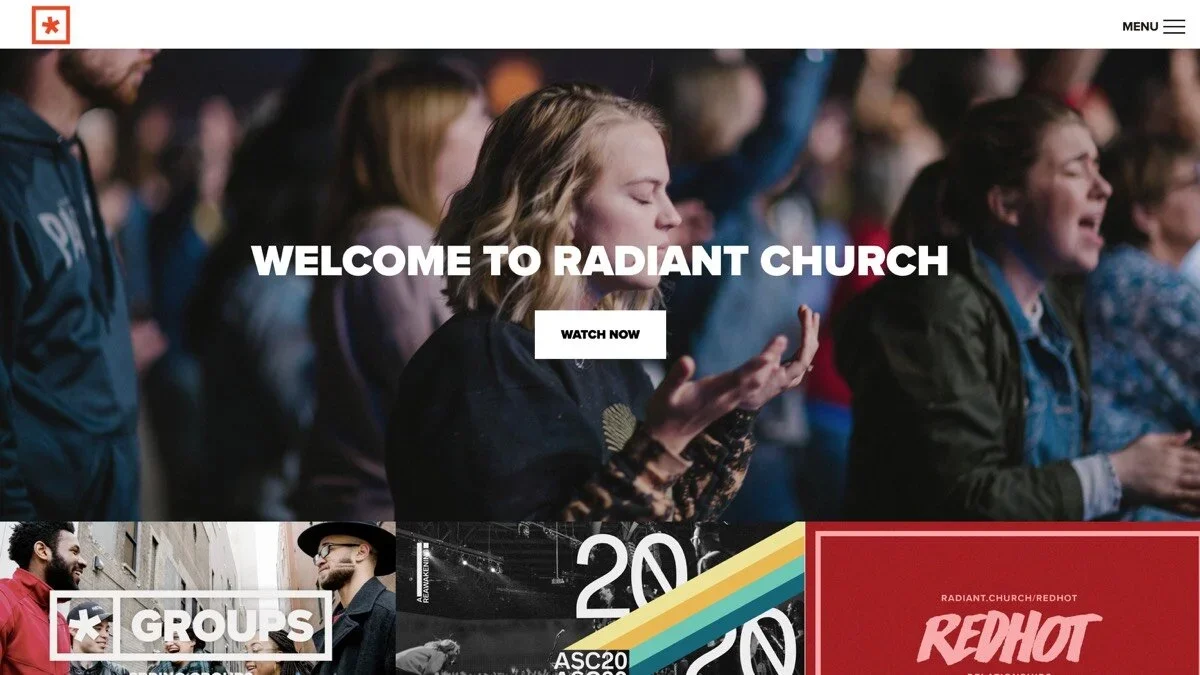 Radiant Church vibrant Squarespace homepage example for churches