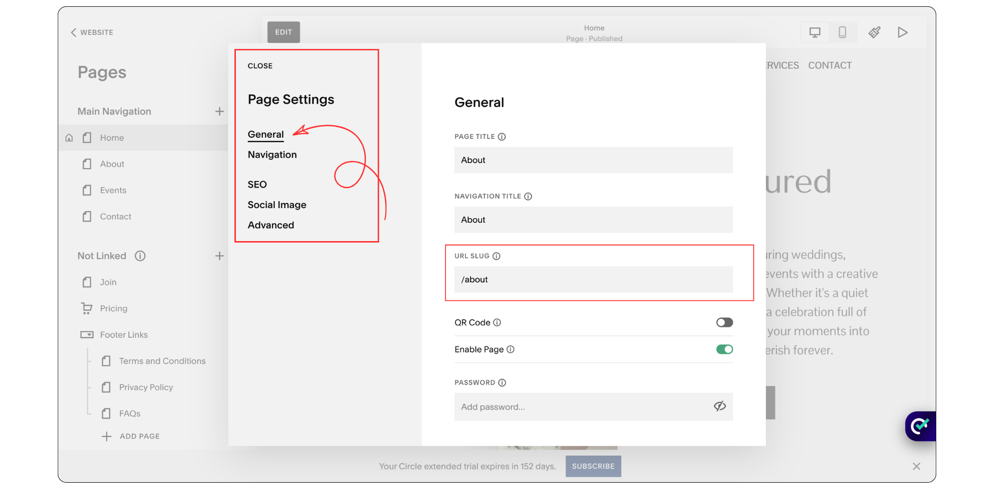 Clean and SEO friendly URL structure example for website pages in squarespace