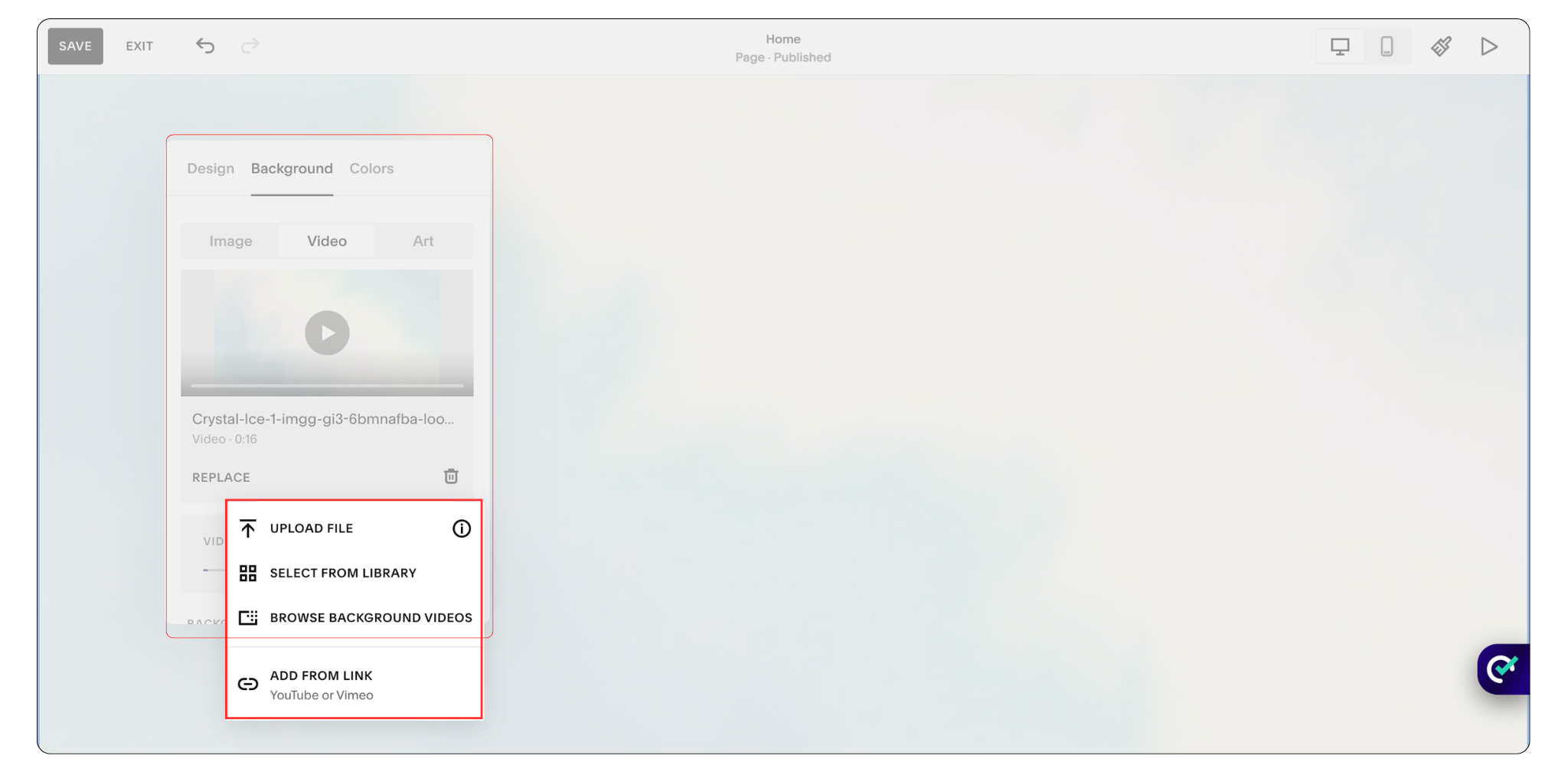Background video playing in a Squarespace website section