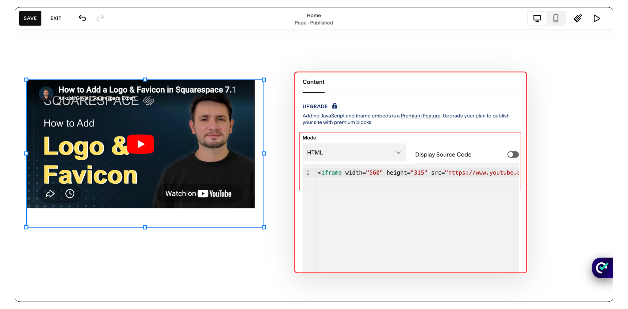 Video embedded on a Squarespace website page